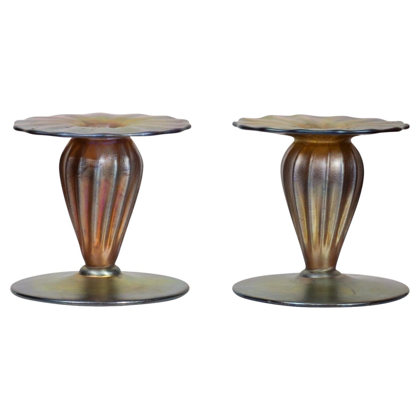 Tiffany Studios A Pair of Tiffany Favrile Glass Candlesticks For Sale