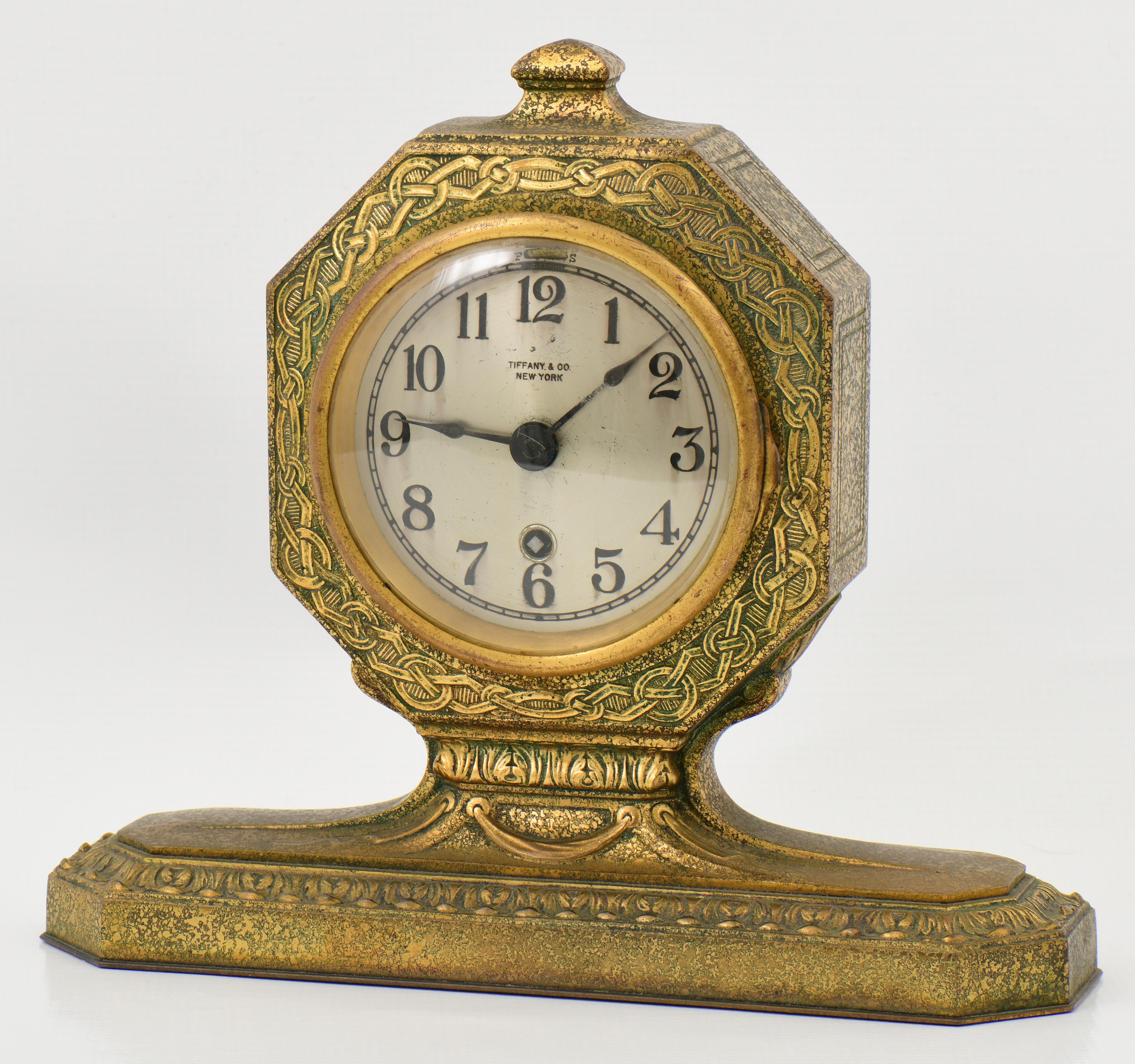 Makers: Tiffany Studios, Chelsea Clock Co.
Retailer: Tiffany & Co.
Type: Mantel Clock
Circa: 1905
Materials: gilt bronze, glass, silvered metal
Clock face marked: 
