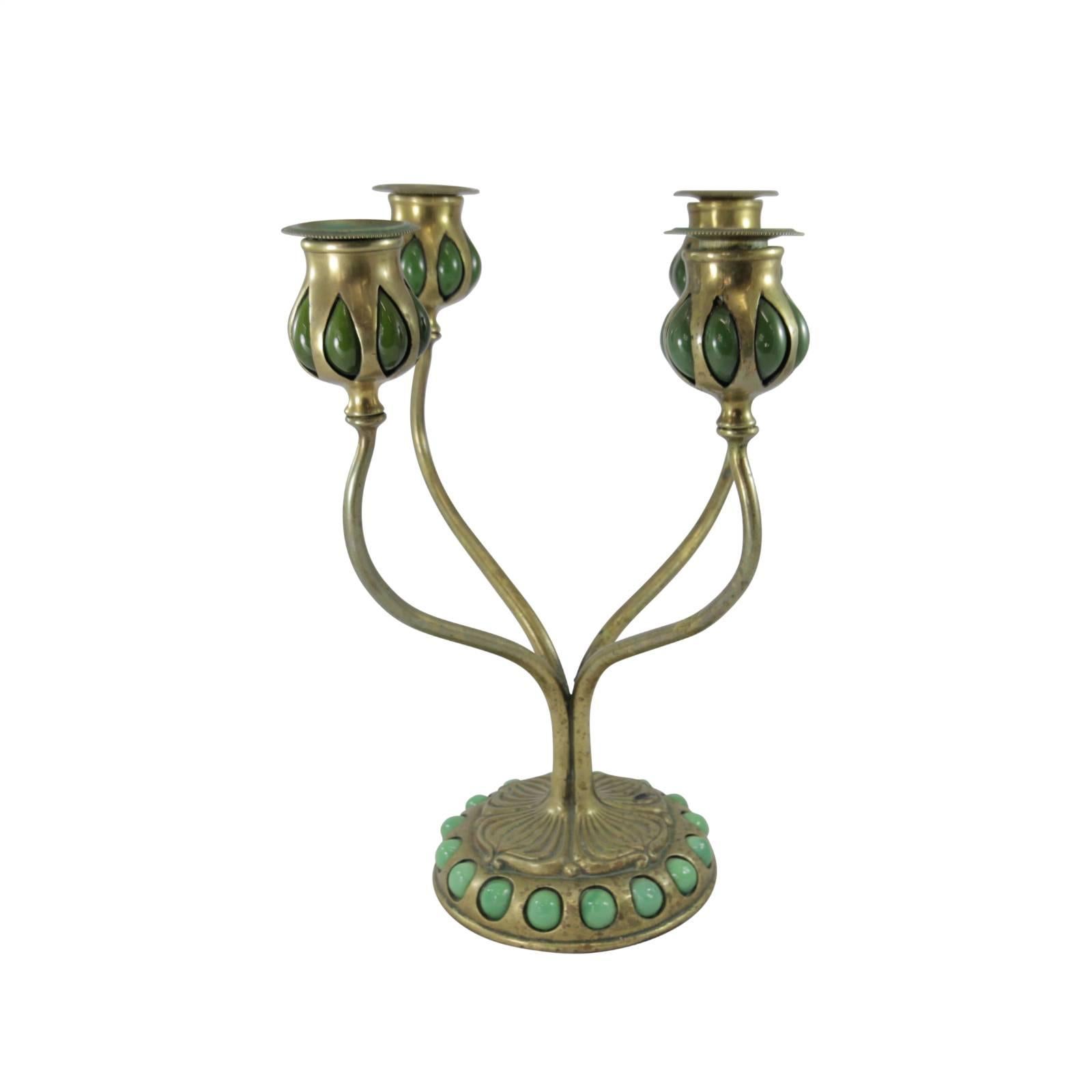 American Tiffany Studios Art Glass and Gilt Bronze Candelabra in the Art Nouveau Style For Sale