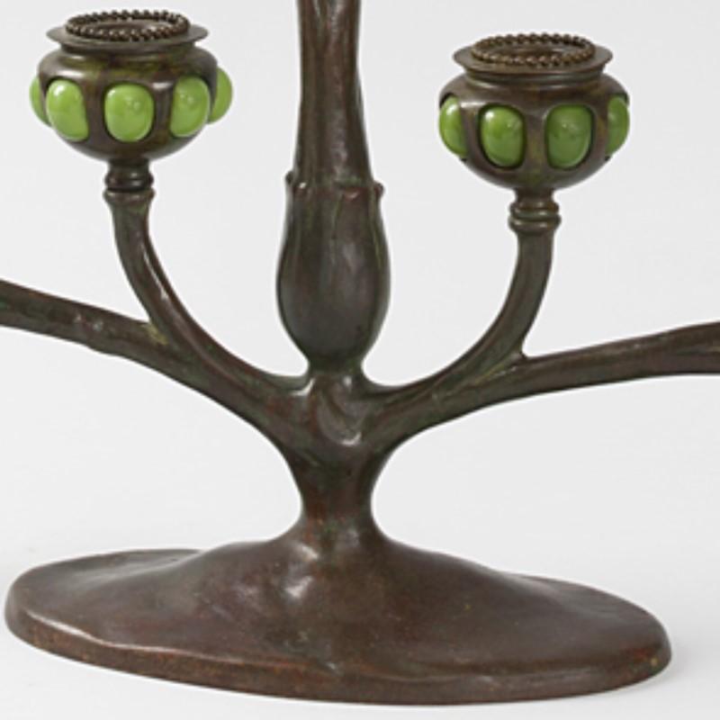 American Tiffany Studios Art Nouveau Bronze and Favrile Glass Table Candelabrum