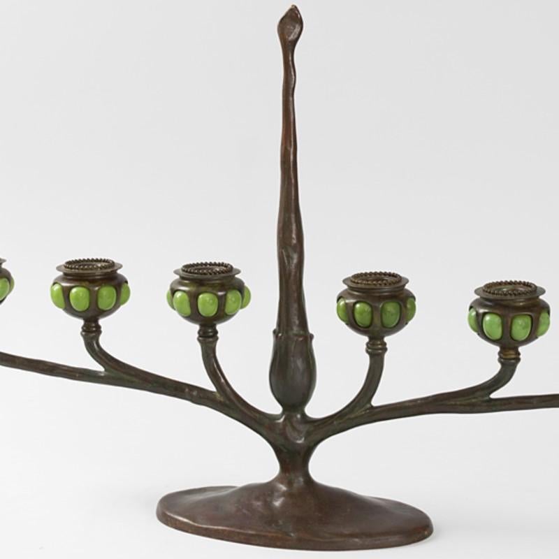 Patinated Tiffany Studios Art Nouveau Bronze and Favrile Glass Table Candelabrum