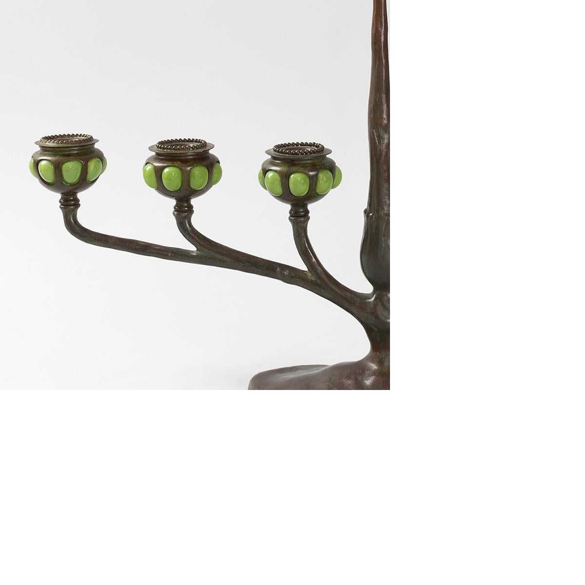 Tiffany Studios Art Nouveau Bronze and Favrile Glass Table Candelabrum In Excellent Condition In New York, NY