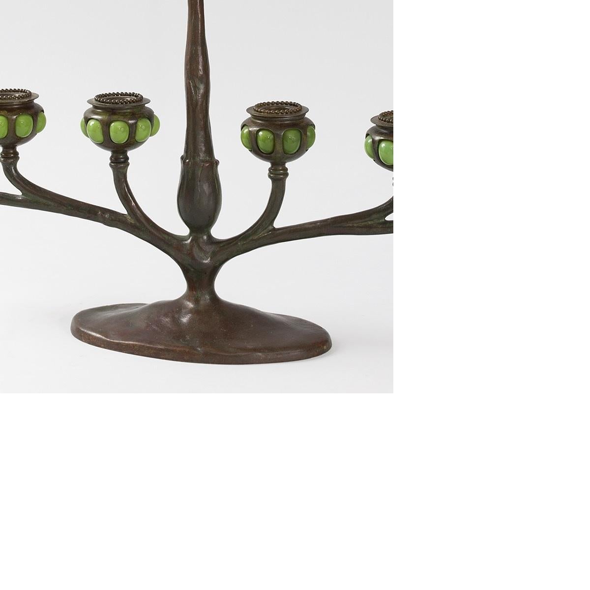 Art Glass Tiffany Studios Art Nouveau Bronze and Favrile Glass Table Candelabrum