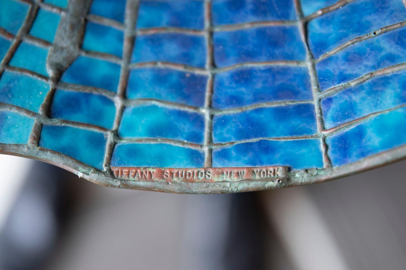 Tiffany Studios Attr Spider Web Lamp in Patinated Bronze with Blue Stained Glass For Sale 6