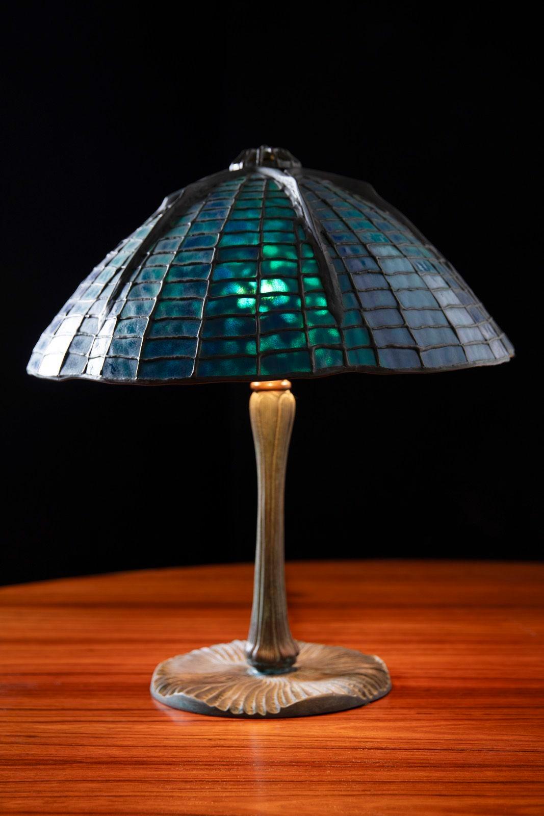 Arts and Crafts Tiffany Studios Attr Spider Web Lamp in Patinated Bronze with Blue Stained Glass For Sale