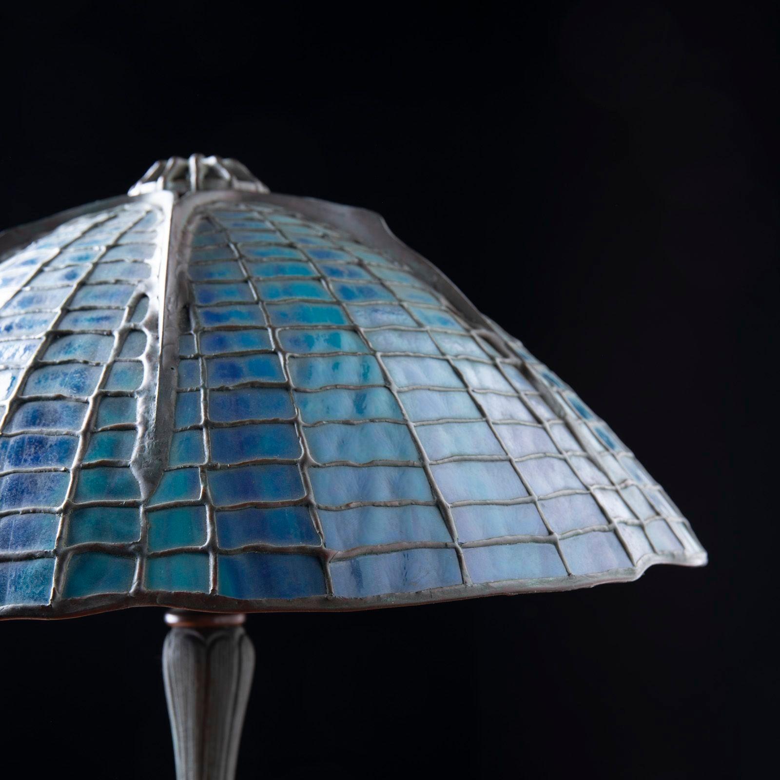 American Tiffany Studios Attr Spider Web Lamp in Patinated Bronze with Blue Stained Glass For Sale