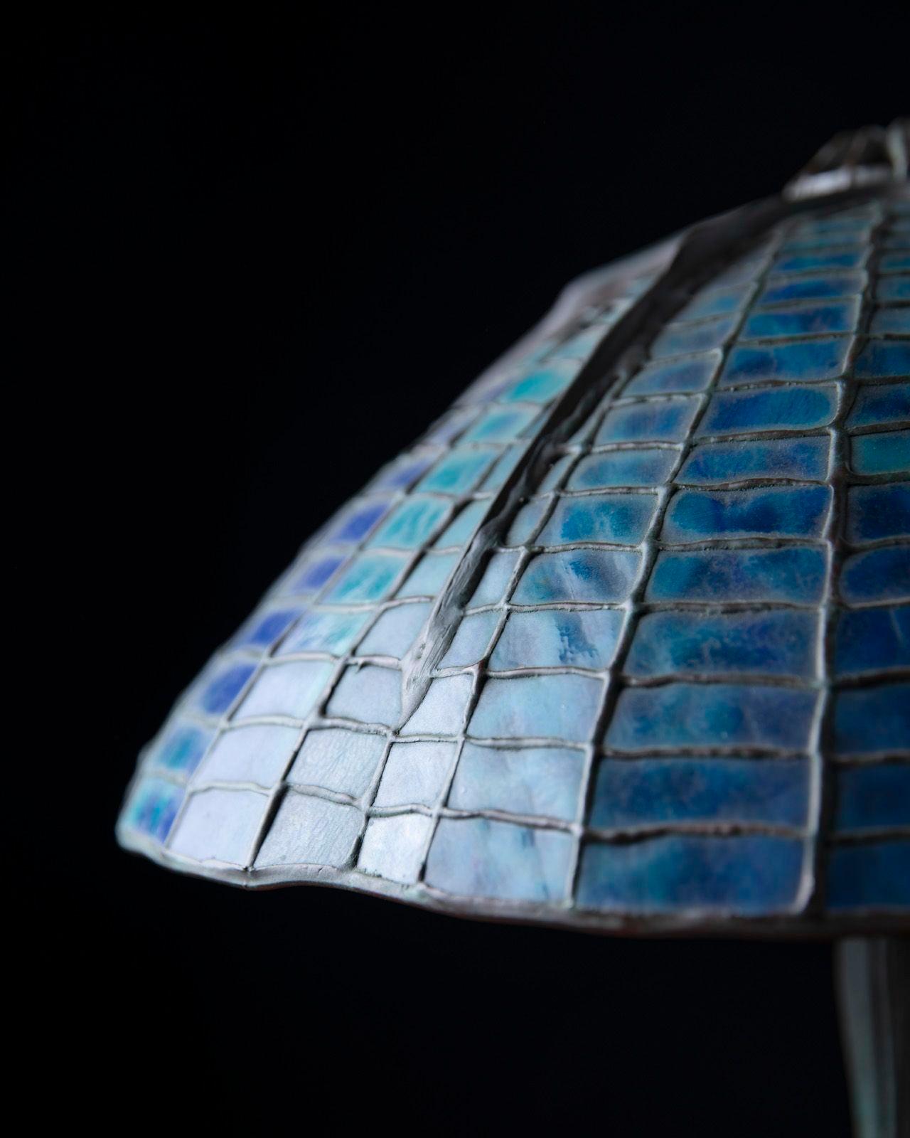 20th Century Tiffany Studios Attr Spider Web Lamp in Patinated Bronze with Blue Stained Glass For Sale