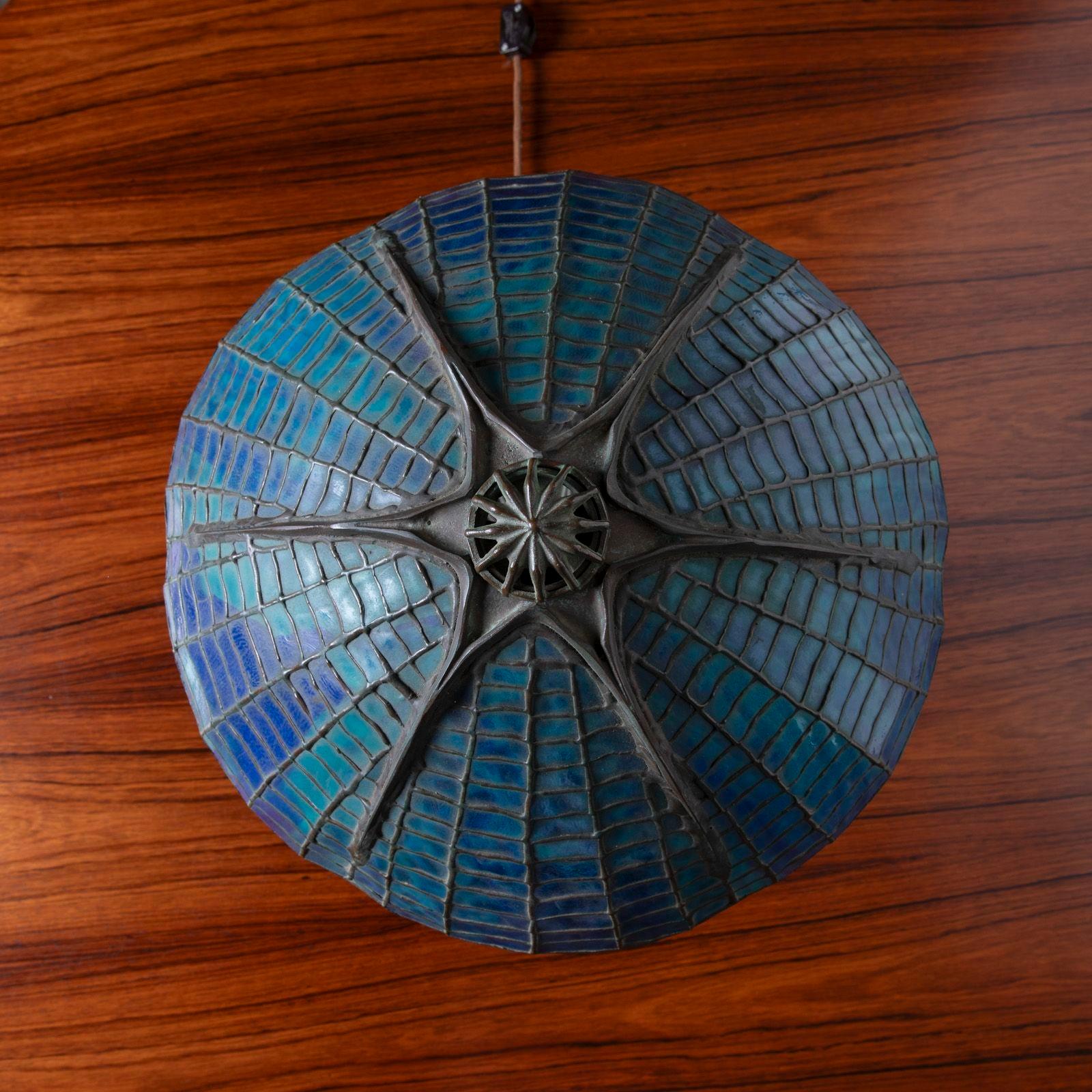 Tiffany Studios Attr Spider Web Lamp in Patinated Bronze with Blue Stained Glass For Sale 1