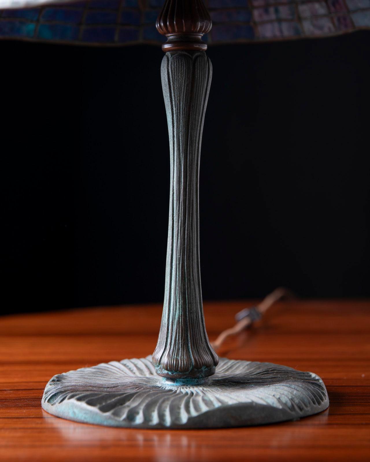 Tiffany Studios Attr Spider Web Lamp in Patinated Bronze with Blue Stained Glass For Sale 3