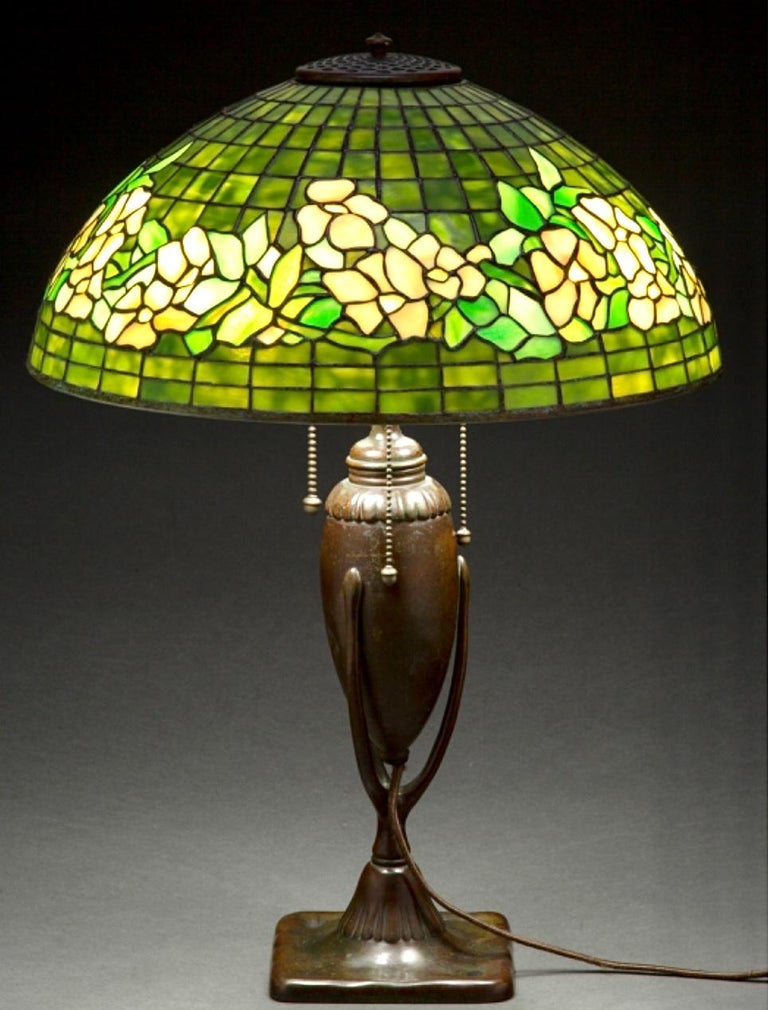 Art Nouveau Tiffany Studios Banded Dogwood Table Lamp For Sale