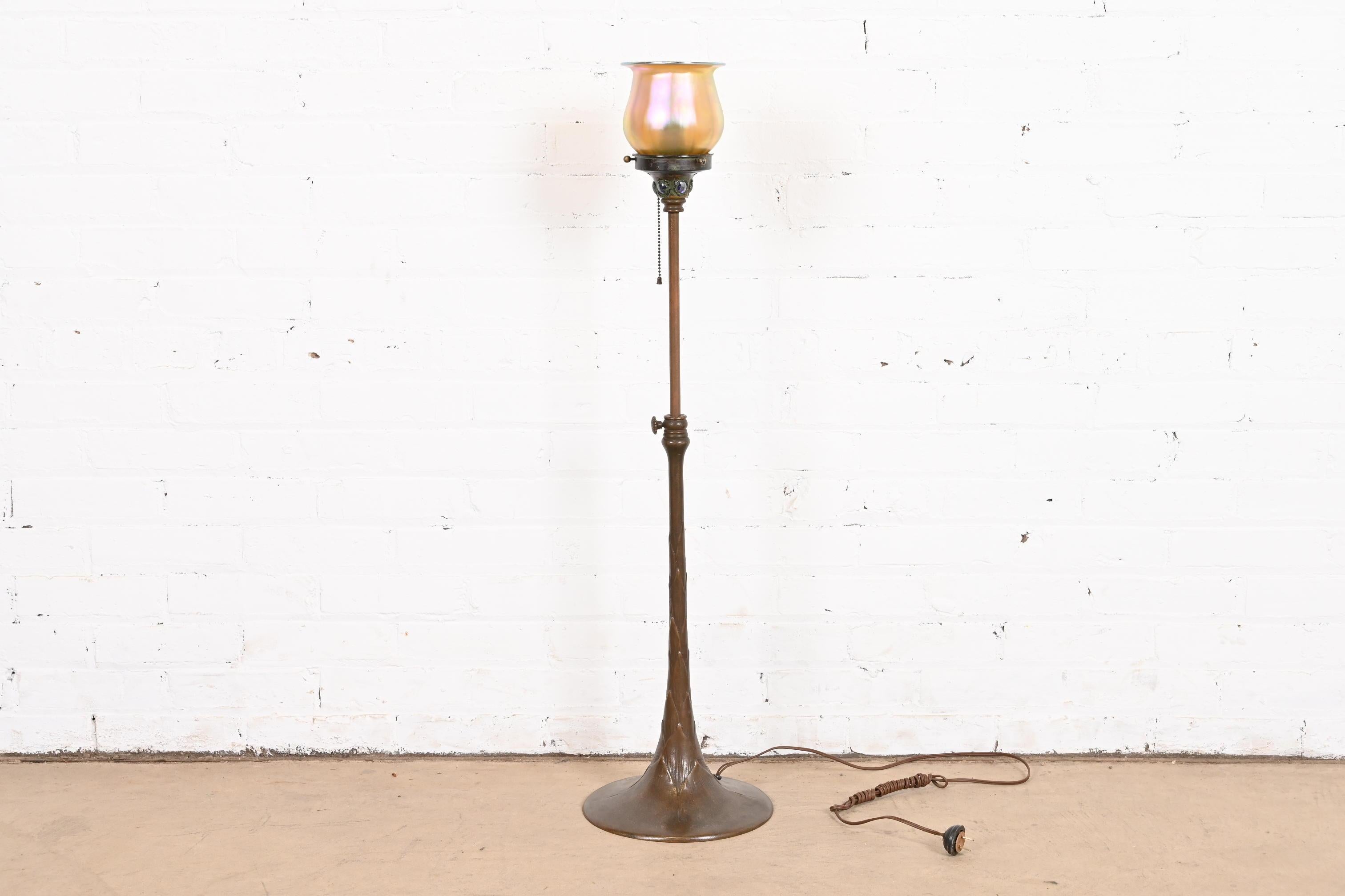 Tiffany Studios Bronze Adjustable Floor Lamp With Tiffany Favrile Glass Shade 7