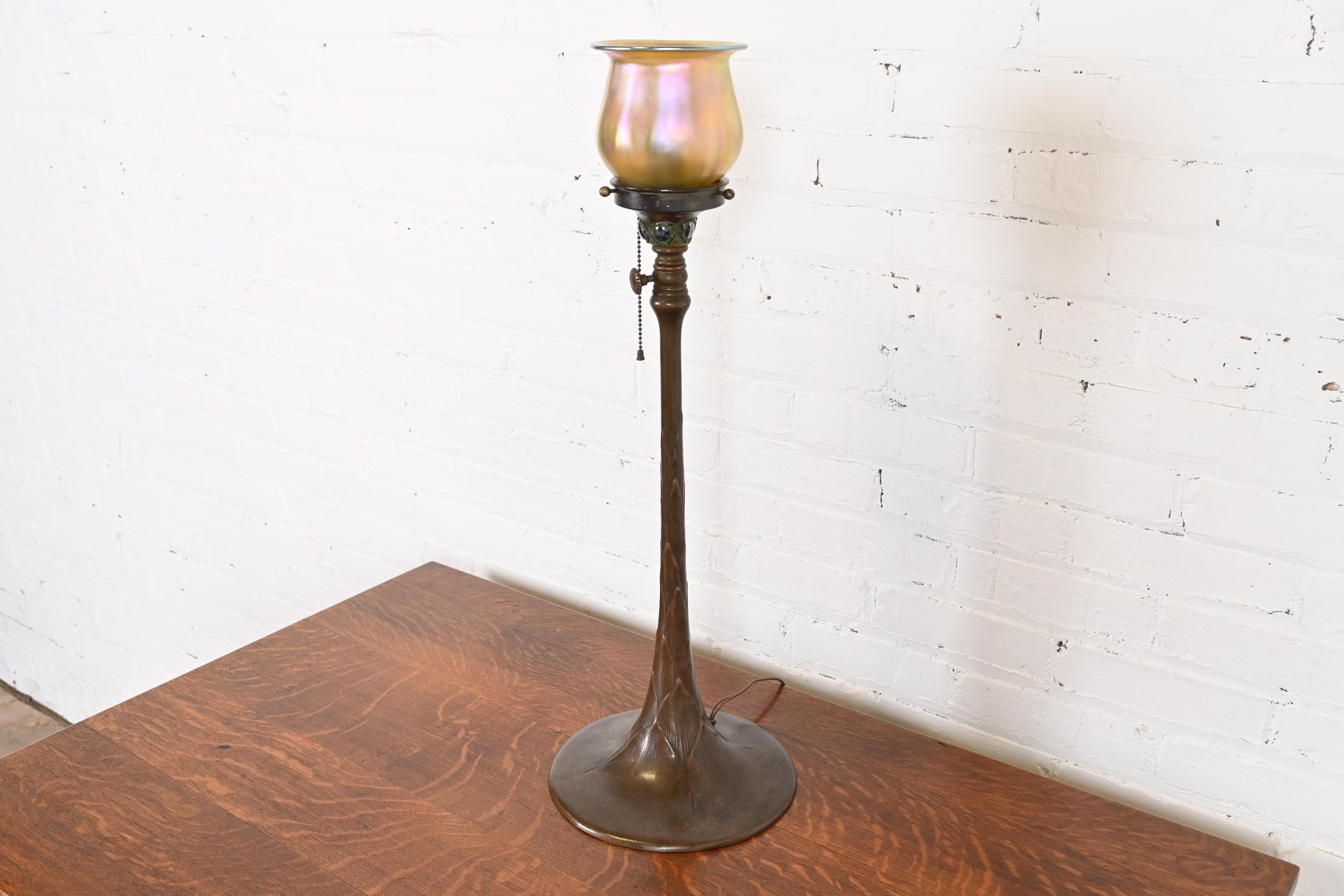 Tiffany Studios Bronze Adjustable Floor Lamp With Tiffany Favrile Glass Shade In Good Condition In South Bend, IN