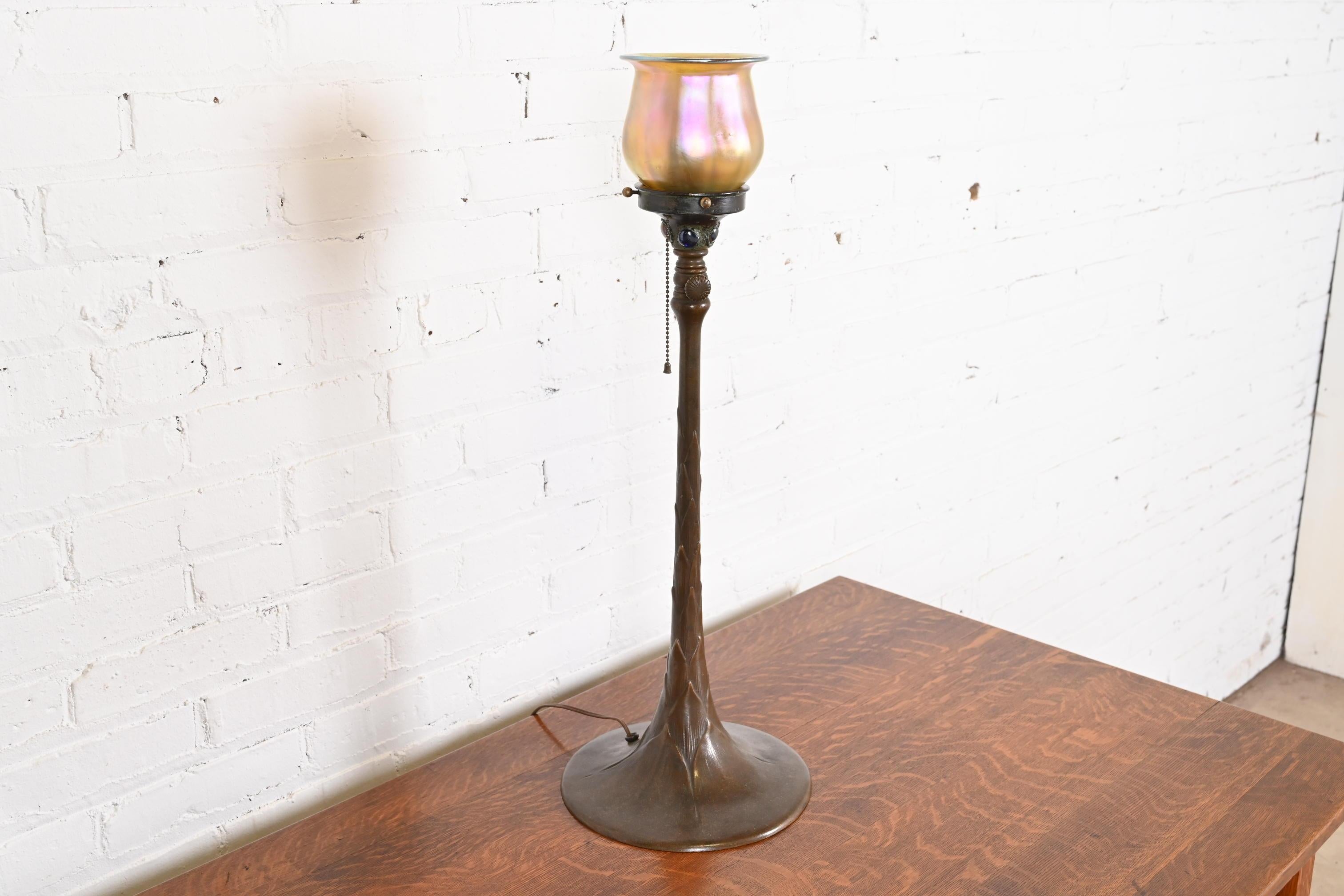 20th Century Tiffany Studios Bronze Adjustable Floor Lamp With Tiffany Favrile Glass Shade