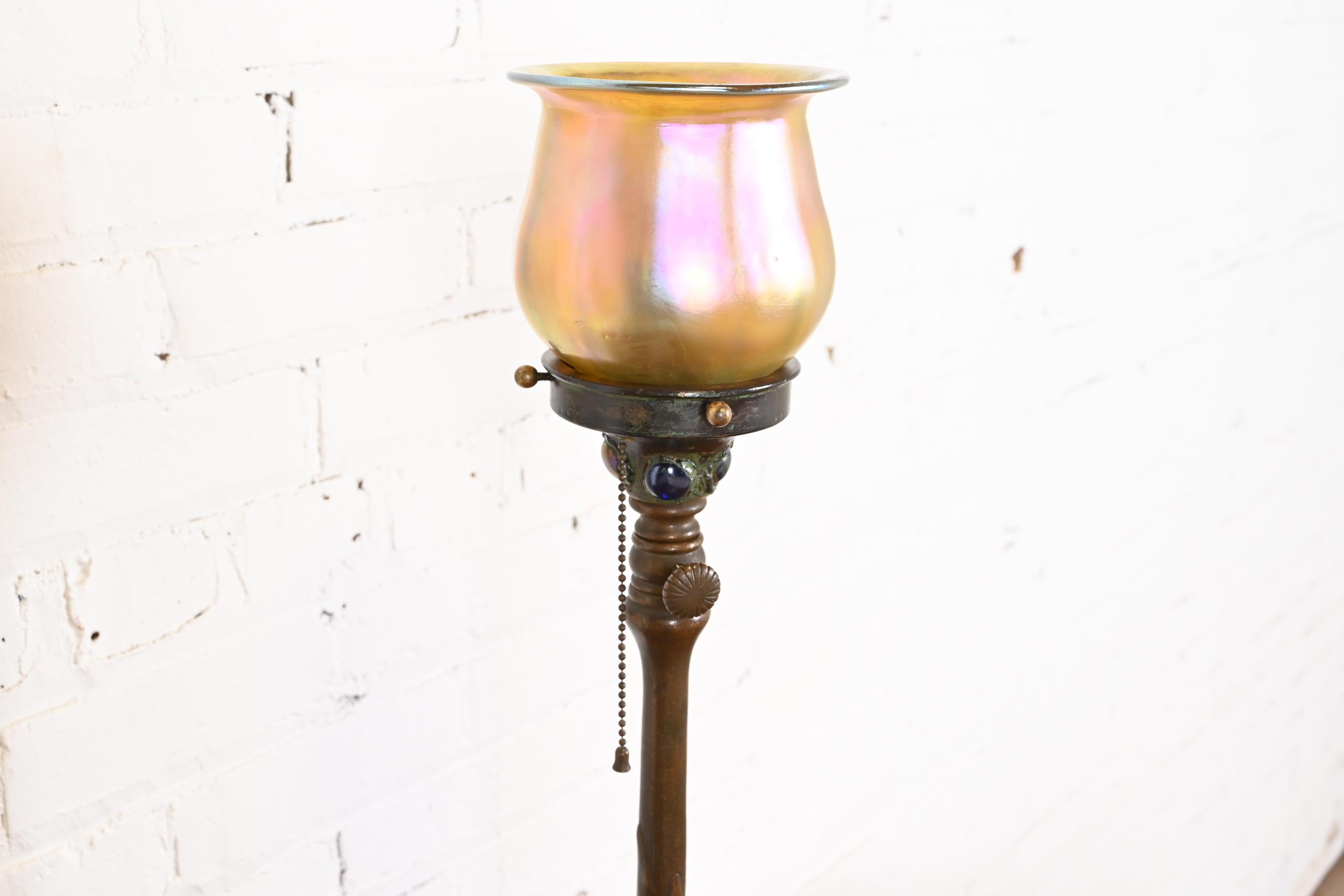 Tiffany Studios Bronze Adjustable Floor Lamp With Tiffany Favrile Glass Shade 1