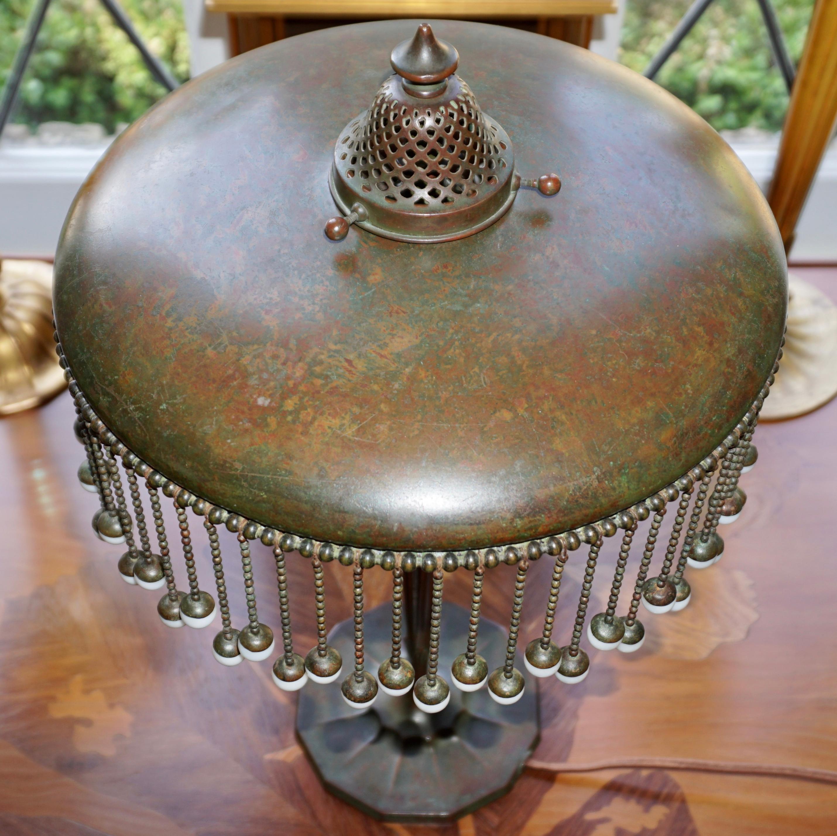 Art Nouveau Tiffany Studios Bronze With Hanging Favrile Beads Table Lamp