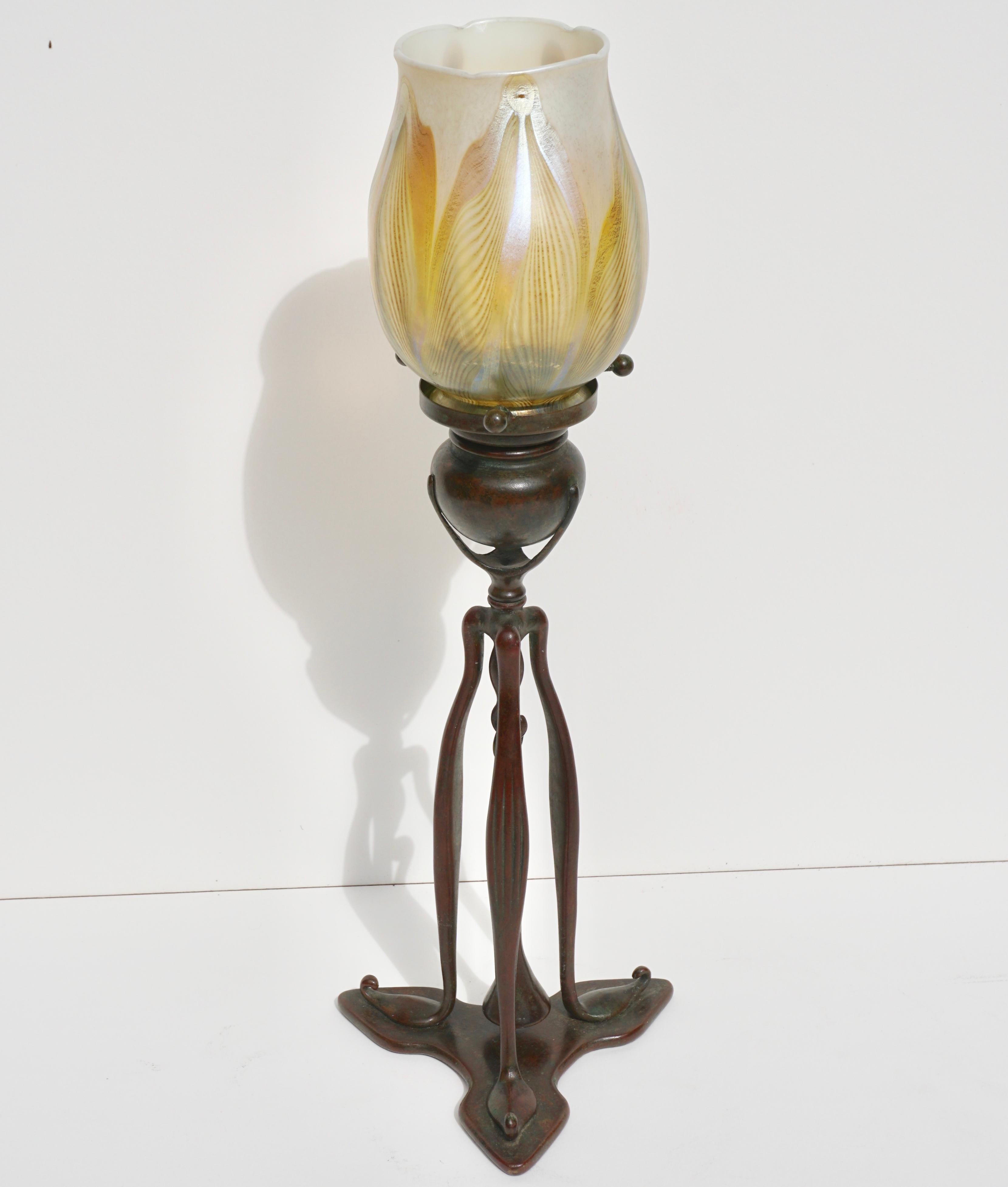 Art Nouveau Tiffany Studios Bronze and Favrile Candlestick Lamp, 1900