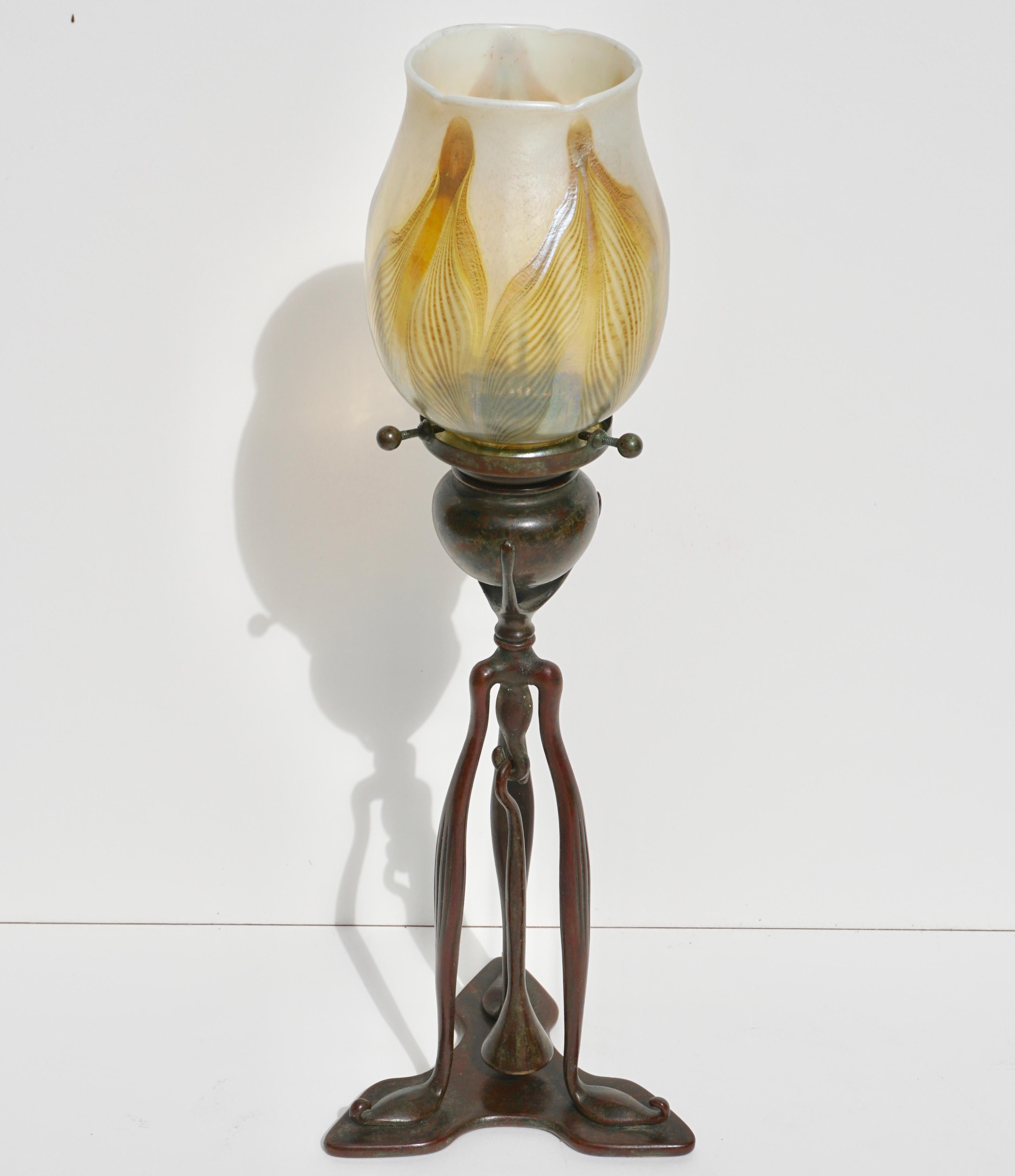 American Tiffany Studios Bronze and Favrile Candlestick Lamp, 1900
