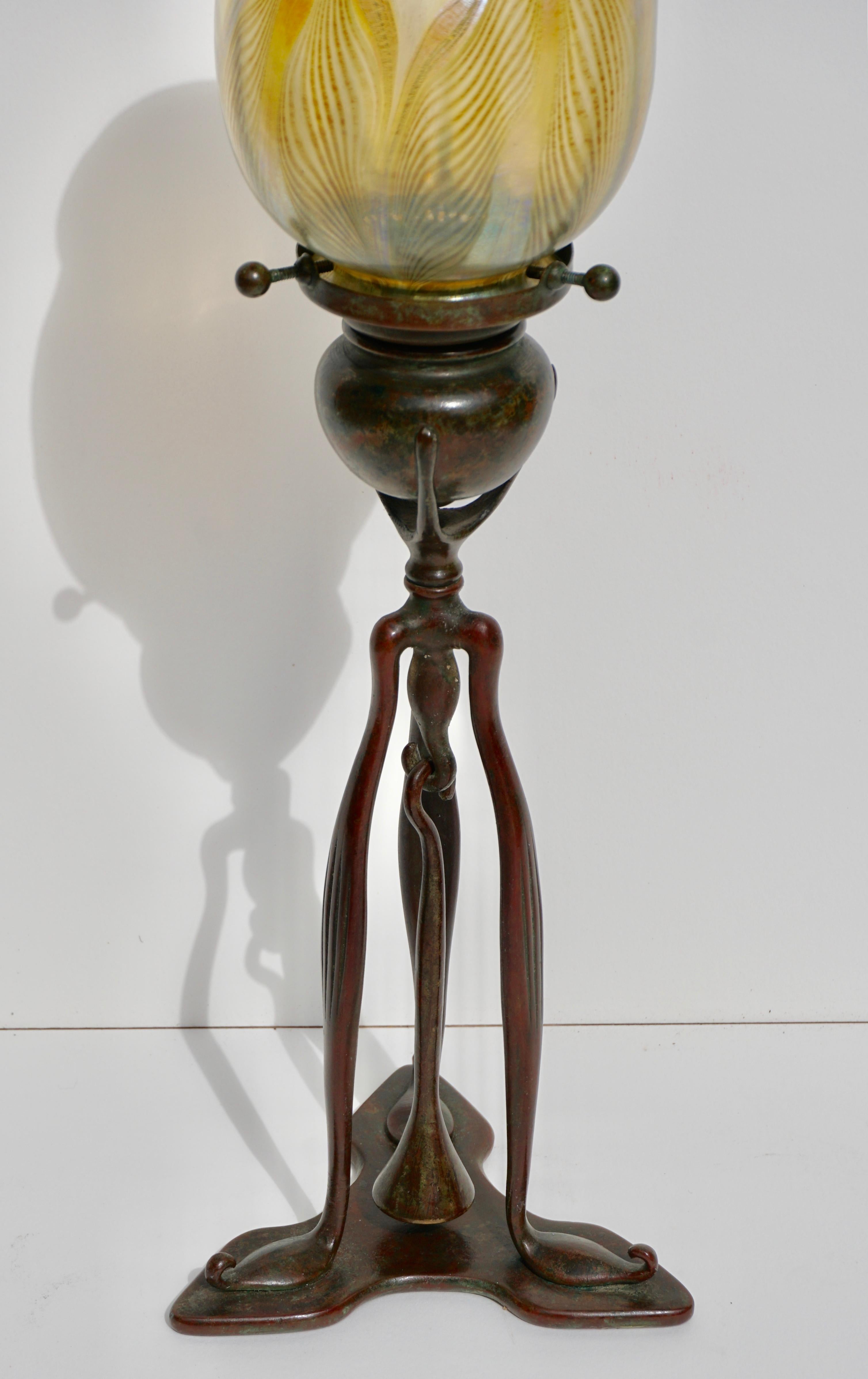 Cast Tiffany Studios Bronze and Favrile Candlestick Lamp, 1900
