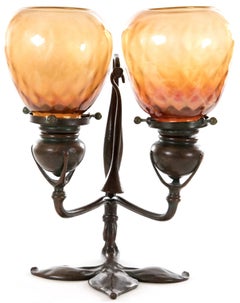 Tiffany Studios Bronze and Favrile Glass Two-Light Fleur-de-Lis Table Lamp
