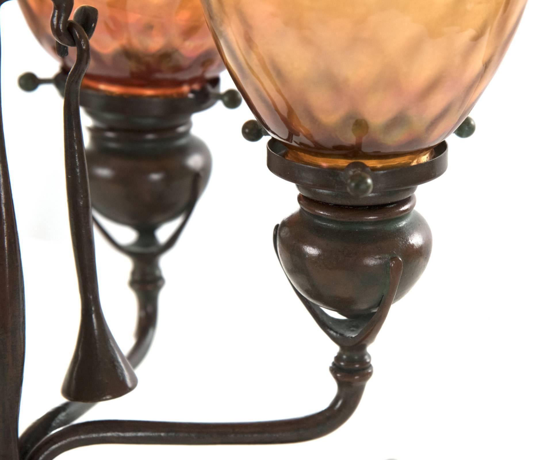 Art Nouveau Tiffany Studios Bronze and Favrile Glass Two-Light Fleur-de-Lis Table Lamp