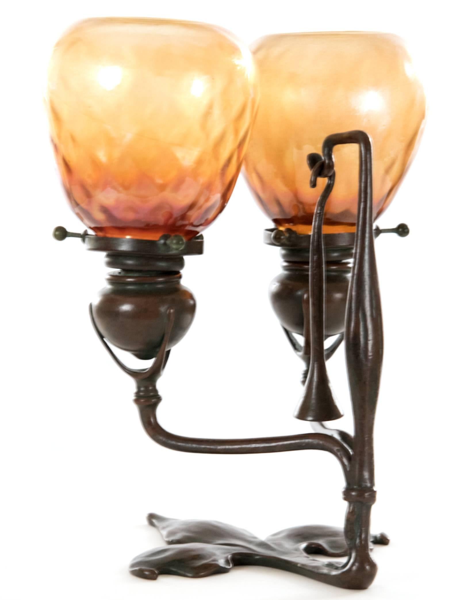 American Tiffany Studios Bronze and Favrile Glass Two-Light Fleur-de-Lis Table Lamp