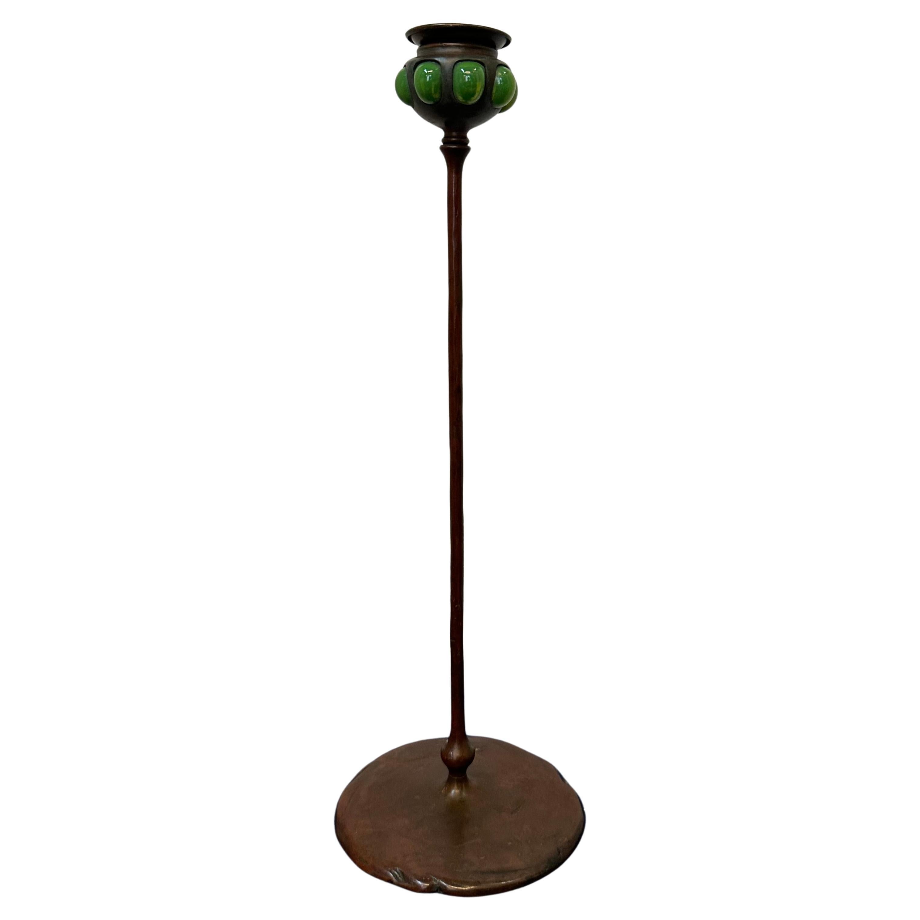 Tiffany Studios Bronze and Favrile Glass Candlestick For Sale