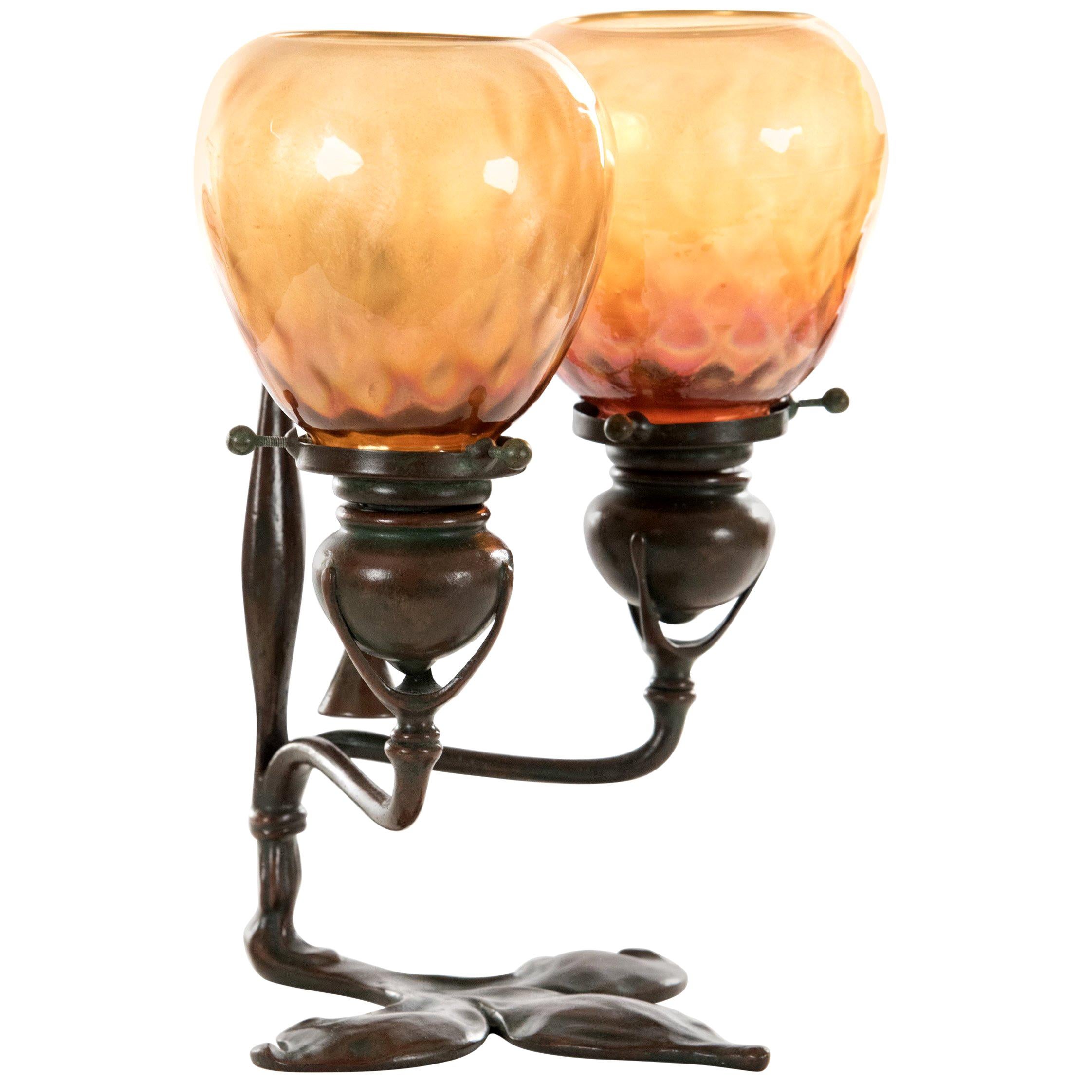 Tiffany Studios Bronze and Favrile Glass Two-Light Fleur-de-Lis Table Lamp
