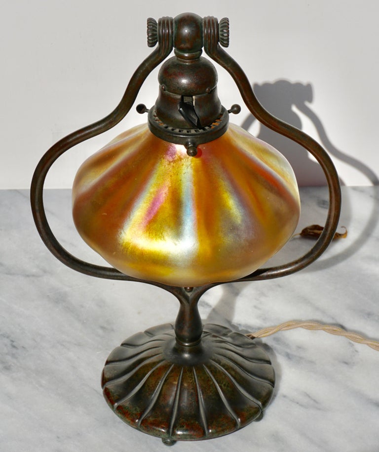 Tiffany Studios Bronze and Favrile Harp Table Desk Lamp at 1stDibs
