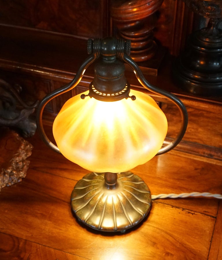 Tiffany Studios Bronze and Favrile Harp Table Desk Lamp at 1stDibs