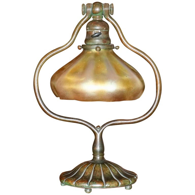 Tiffany Studios Bronze and Favrile Harp Table Desk Lamp For Sale at 1stdibs