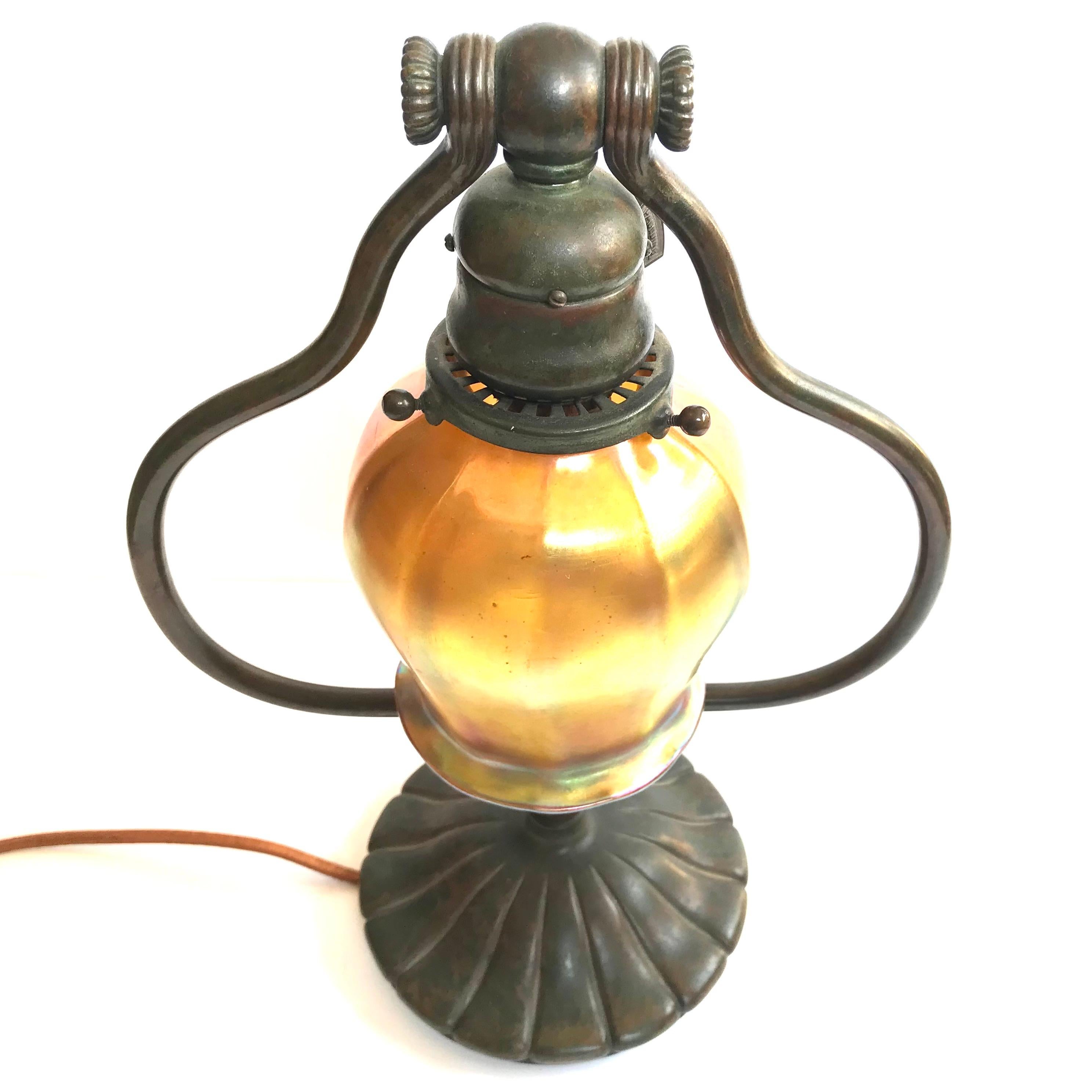Art Nouveau Tiffany Studios Bronze And favrile Harp Table lamp For Sale