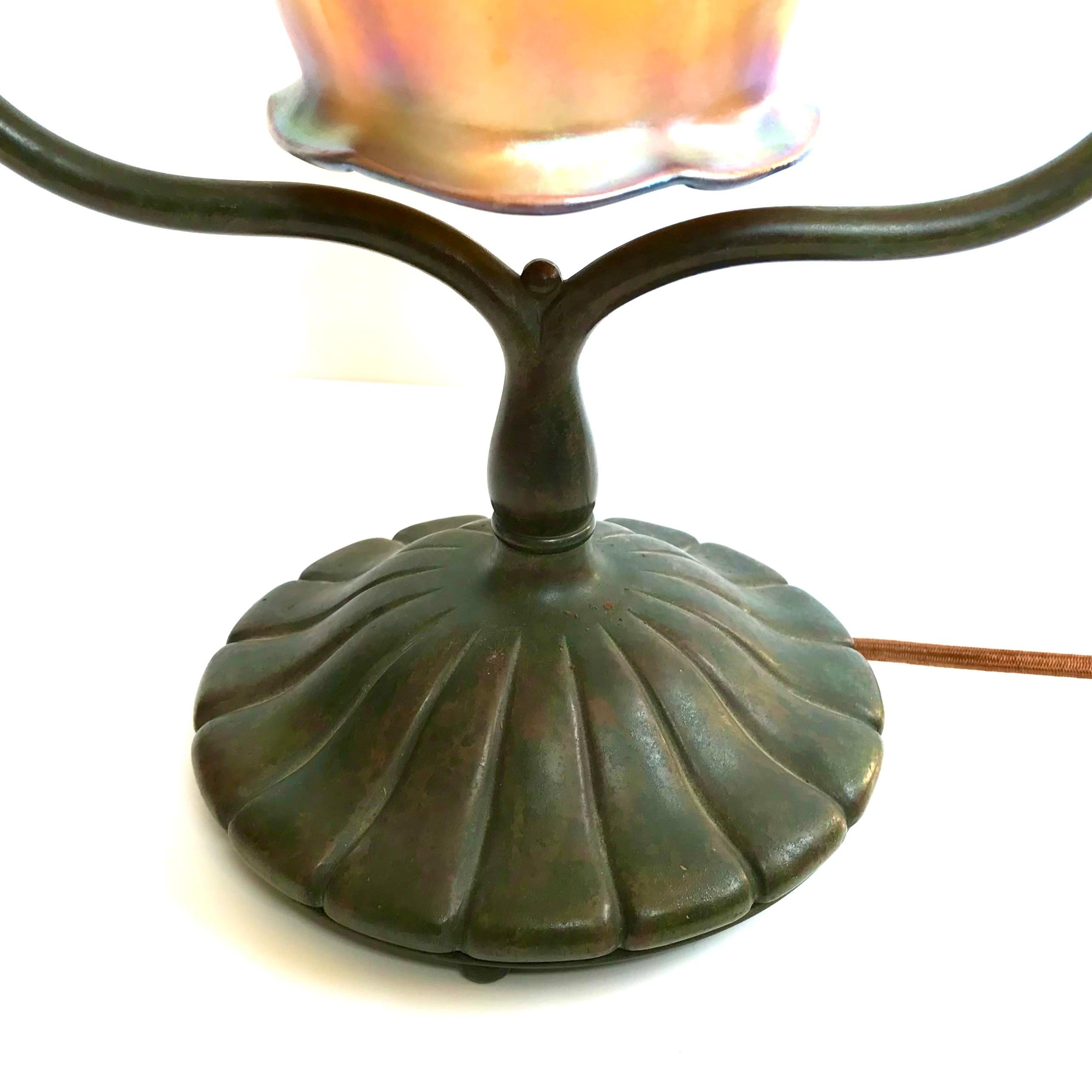 Cast Tiffany Studios Bronze And favrile Harp Table lamp For Sale