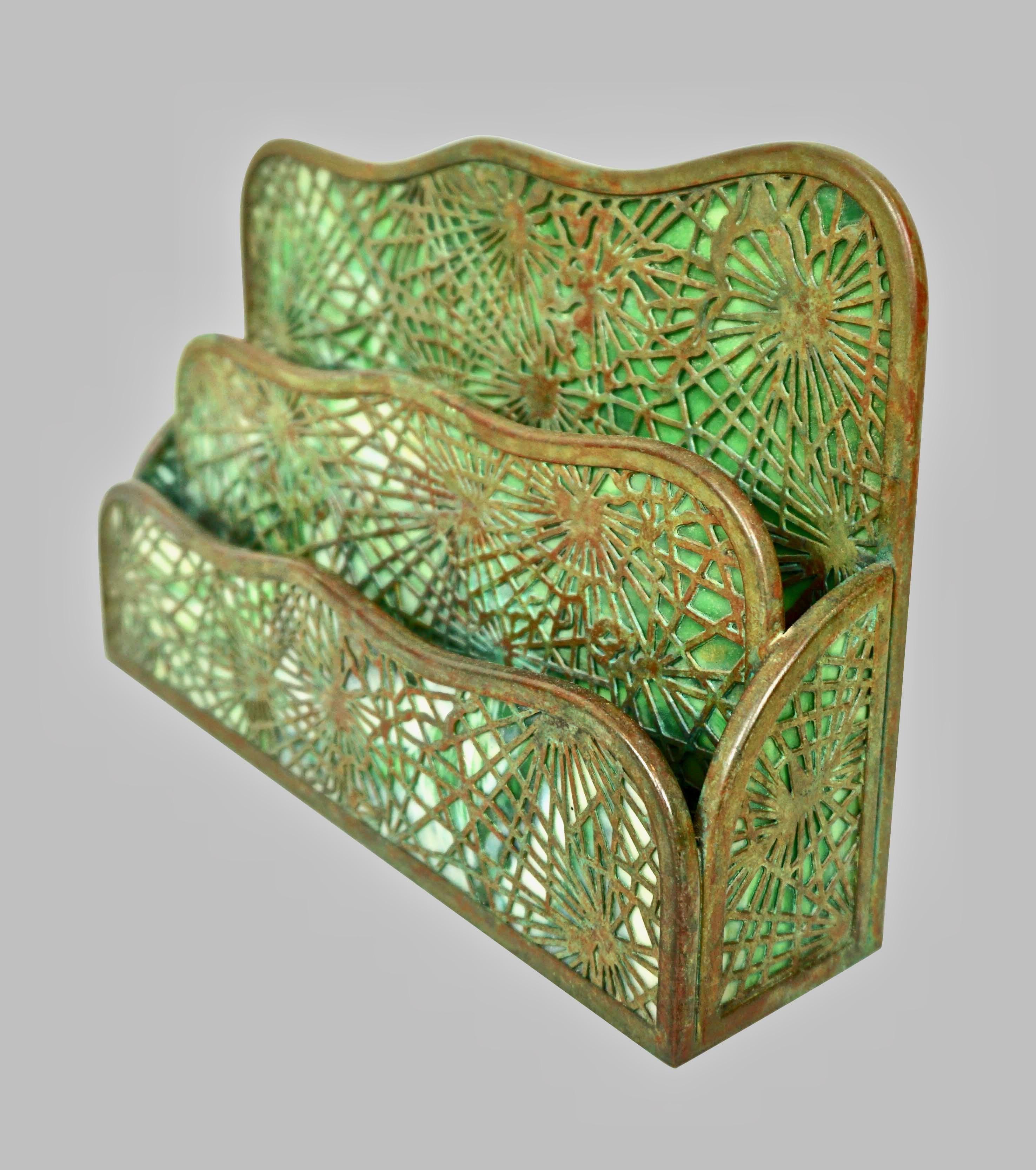 Art Nouveau Tiffany Studios Bronze and Glass Pine Needle Pattern 6 Piece Desk Set