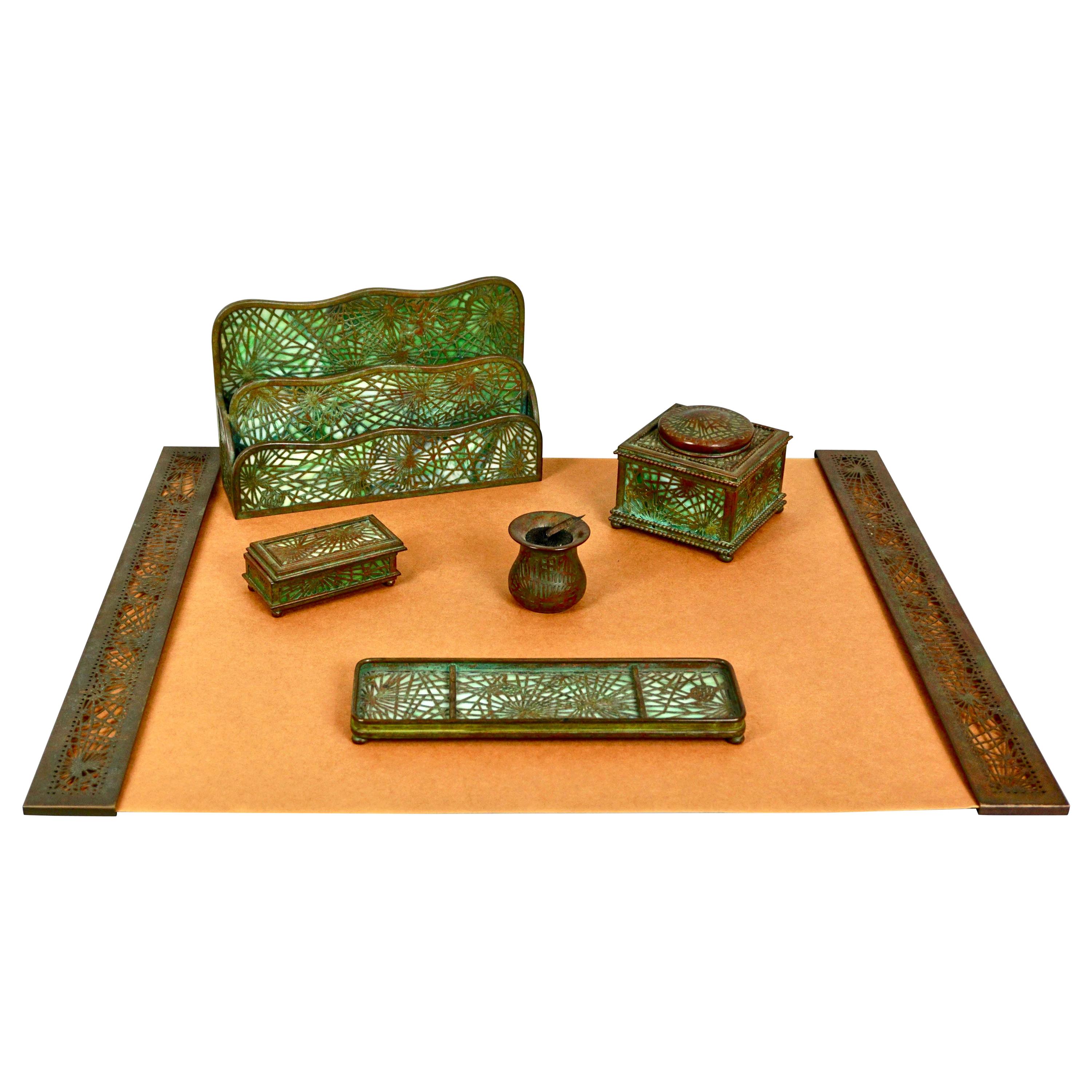 Tiffany Studios Bronze and Glass Pine Needle Pattern 6 Piece Desk Set