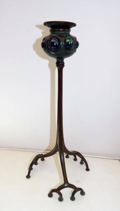 Tiffany Studios Bronze Candlestick with Iridised Glass, Organic Root Design