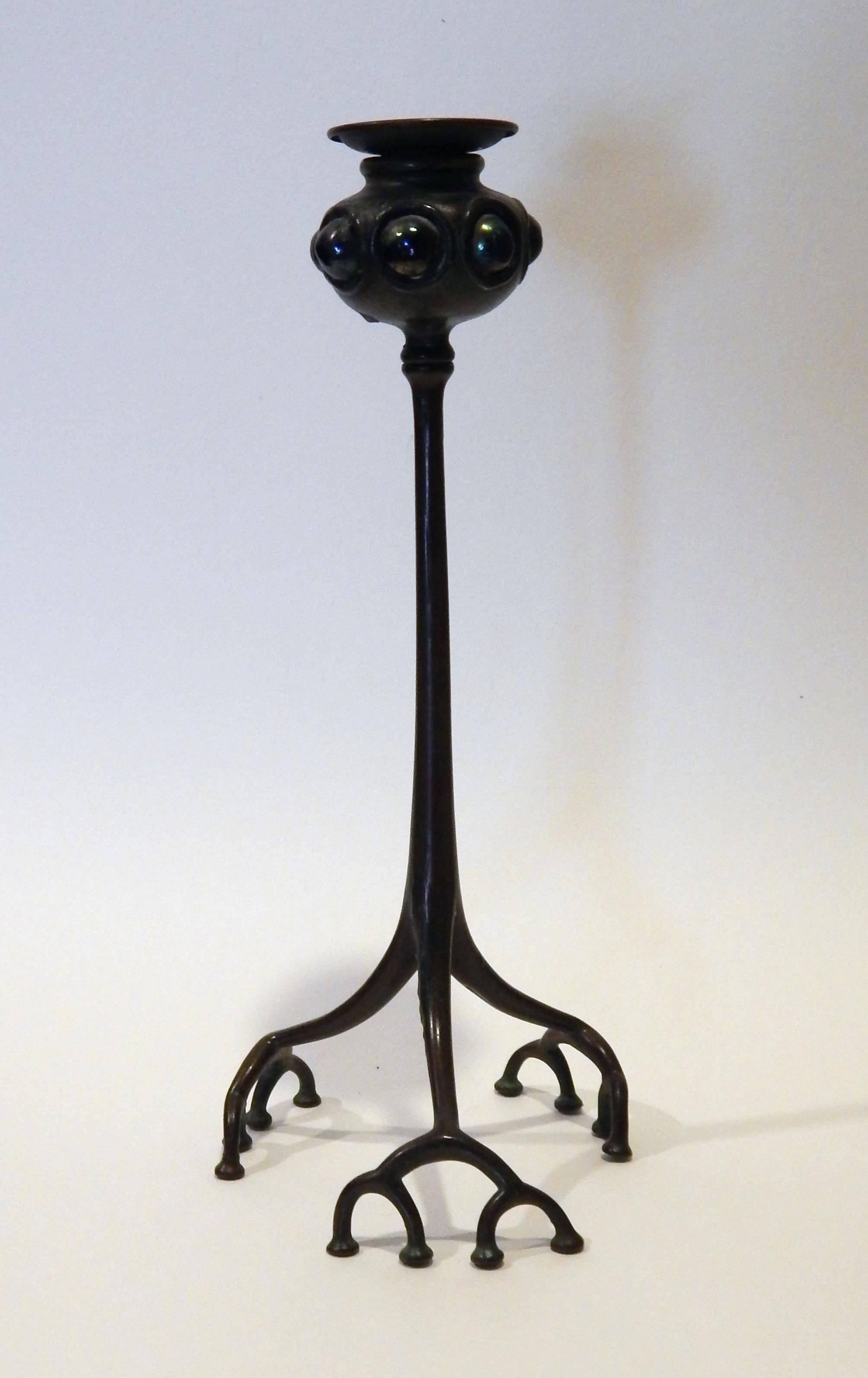 American Tiffany Studios Bronze Candlestick with Iridised Glass, Organic Root Design