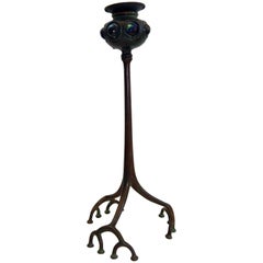 Antique Tiffany Studios Bronze Candlestick with Iridised Glass, Organic Root Design