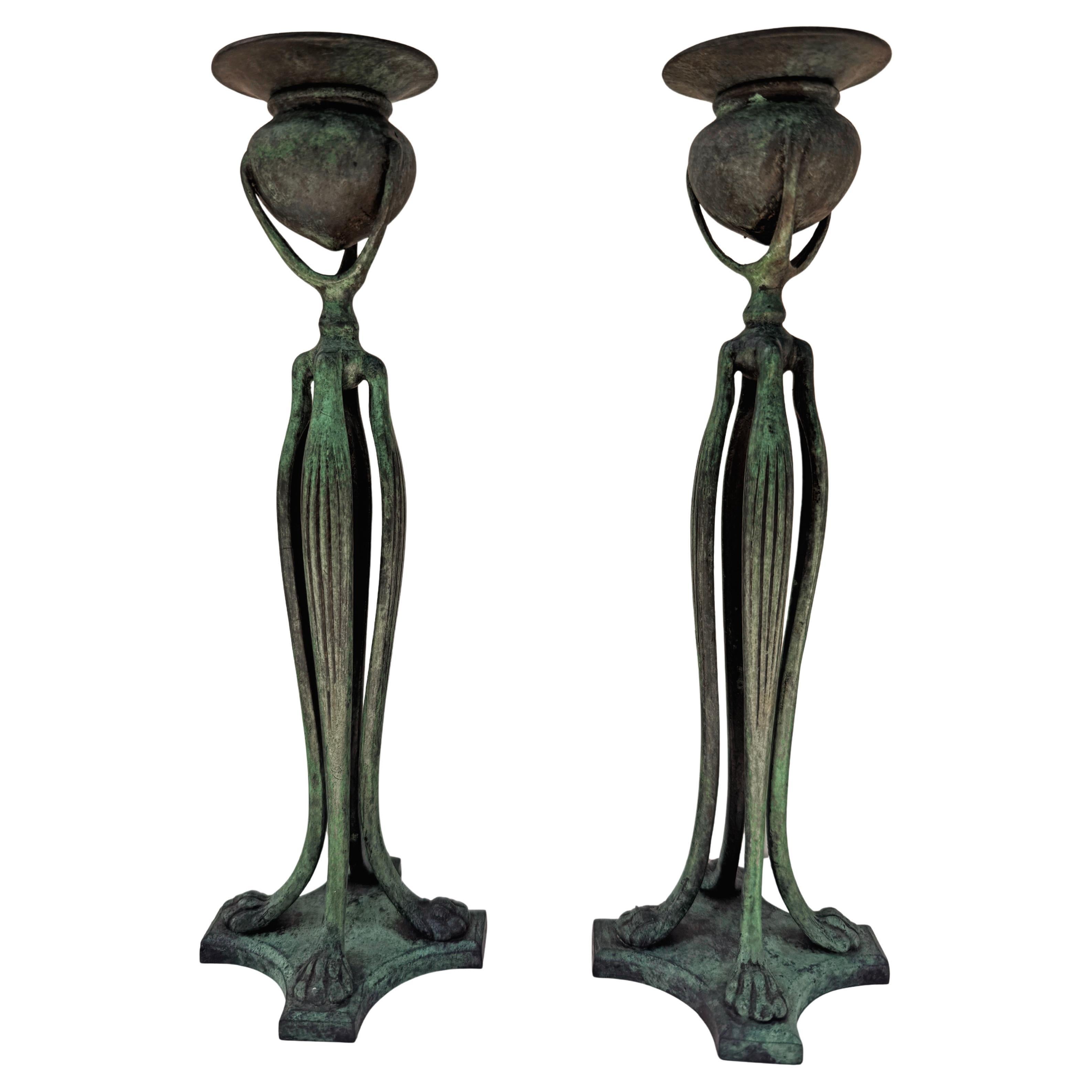 Tiffany Studios Bronze Candlesticks Model 1201. Arts & Crafts, circa 1910