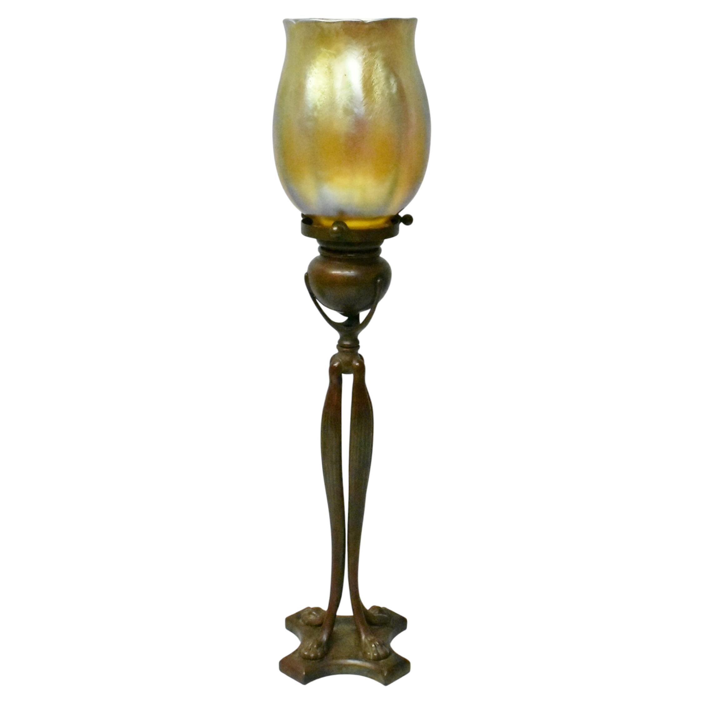 Tiffany Studios Bronze Cat Paw Candlestick Holder & Favrile Shade