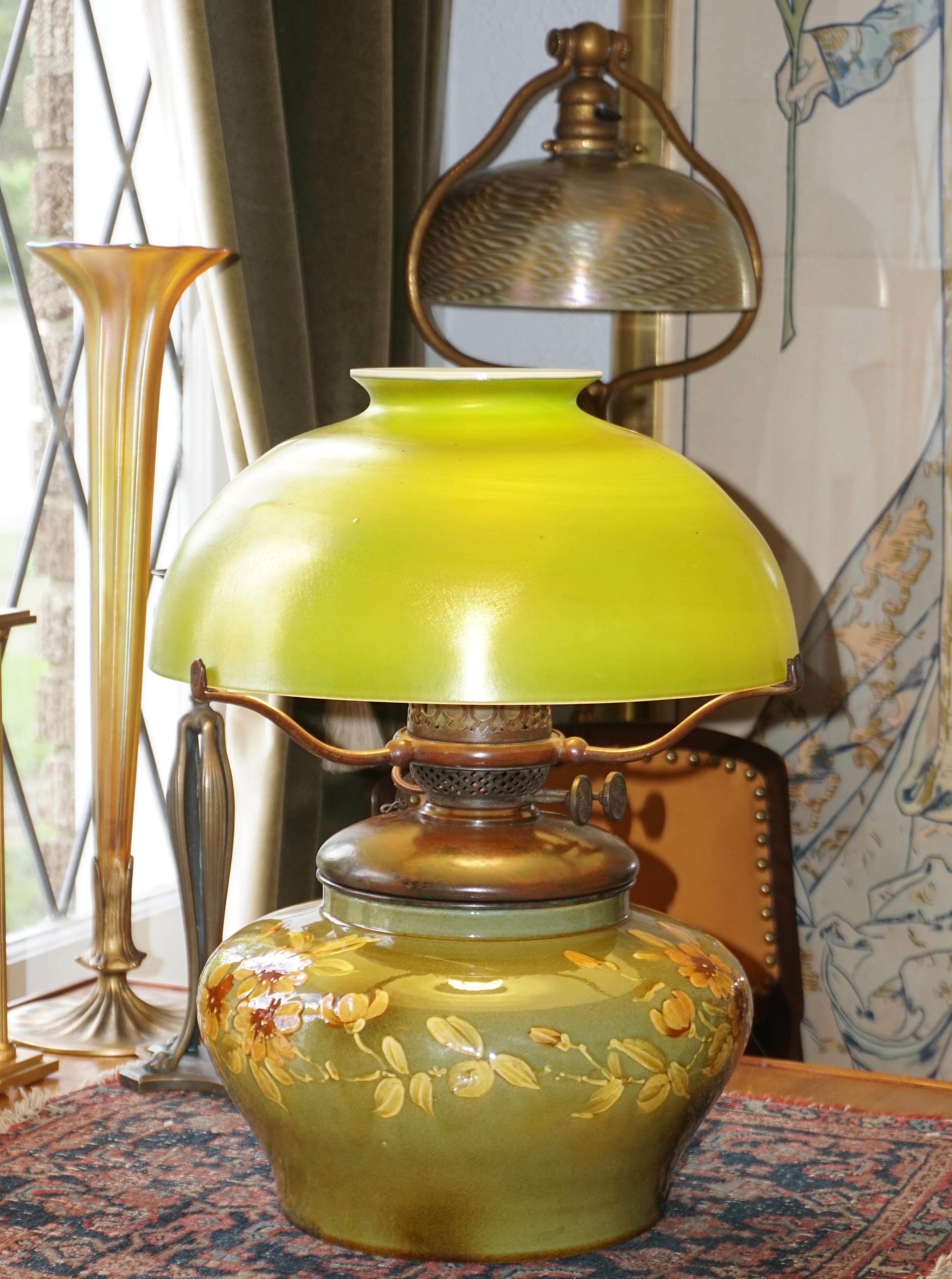 Art Nouveau Tiffany Studios Bronze, Favrile and Pottery Oil Lamp