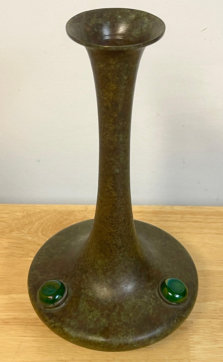Patinated Tiffany Studios Bronze & Favrile Glass Medallion Vase, C. 1900 For Sale