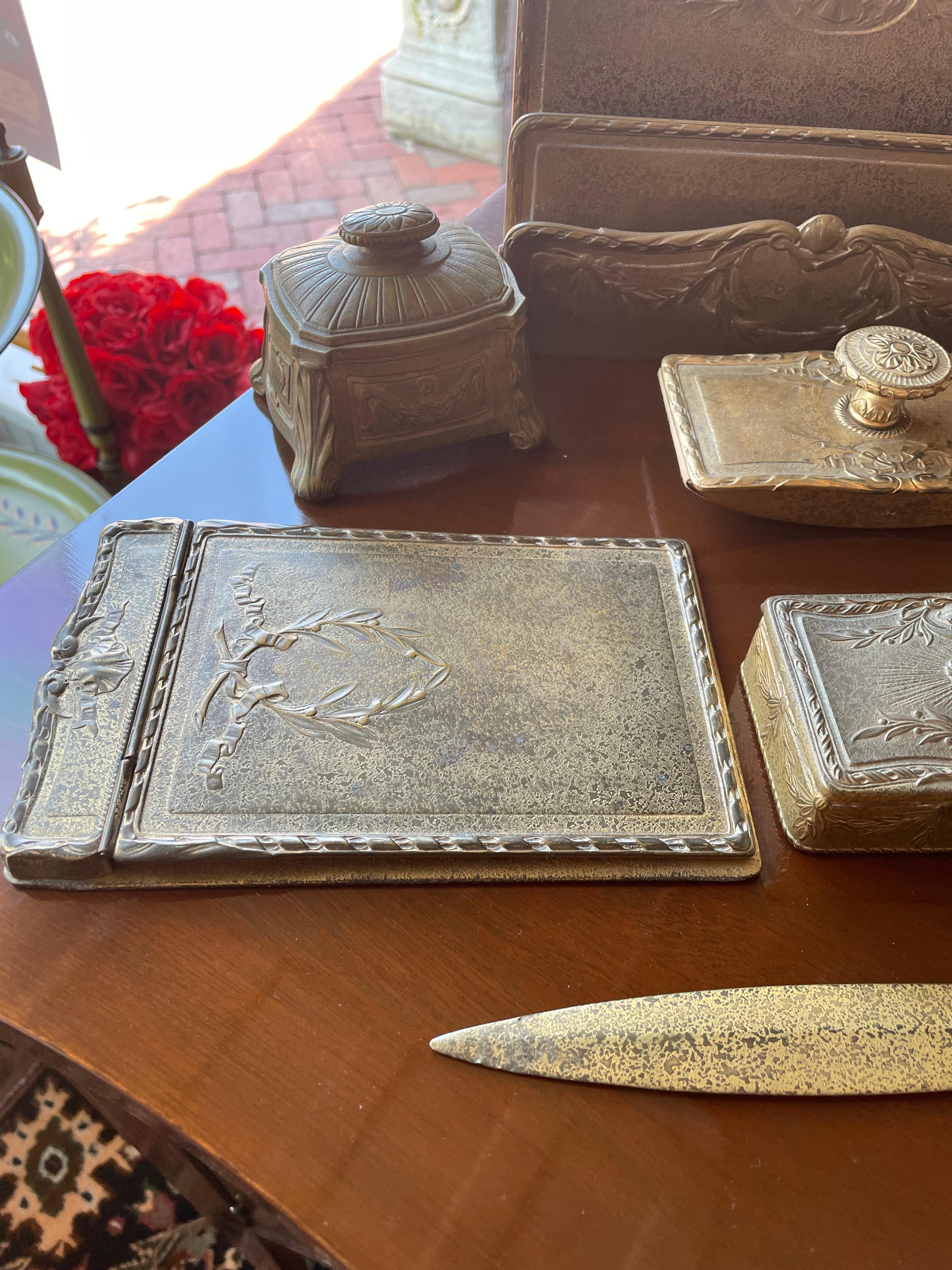 Tiffany Studios Bronze Gold Dore Desk Set In Good Condition For Sale In Greer, SC