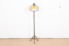 Tiffany Studios Bronze Harp Floor Lamp With Damascene Favrile Glass Shade