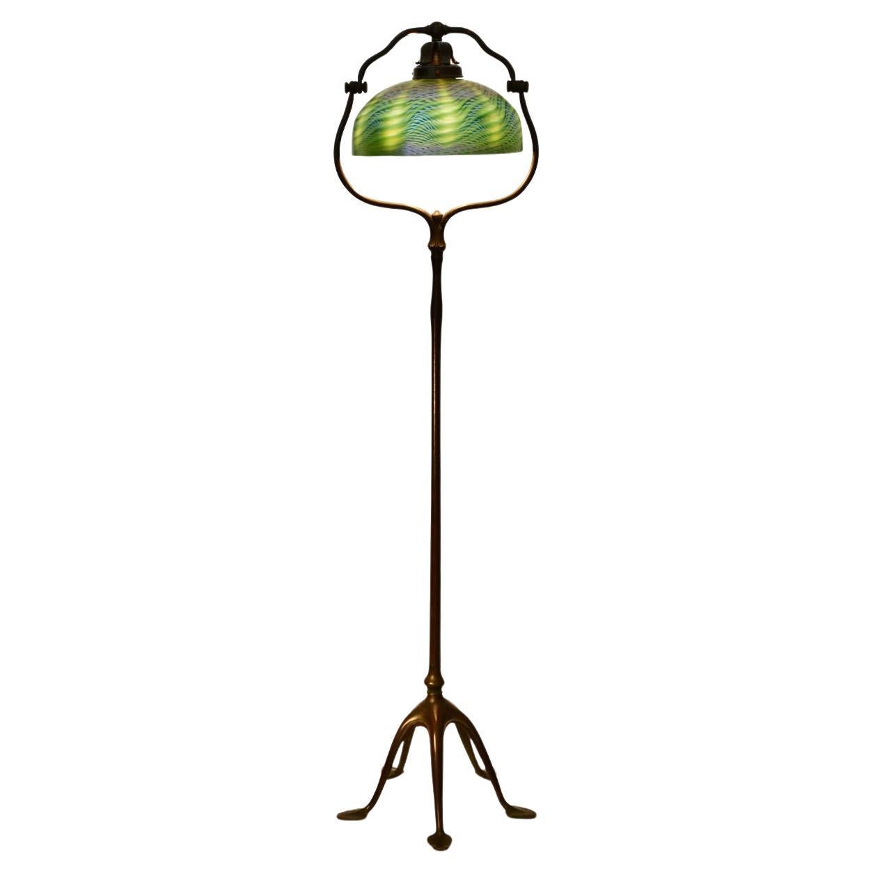 Tiffany Studios Bronze Harp Floor Lamp with Green Damascene Favrile Glass Shade