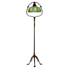 Tiffany Studios Bronze Harp Floor Lamp with Green Damascene Favrile Glass Shade