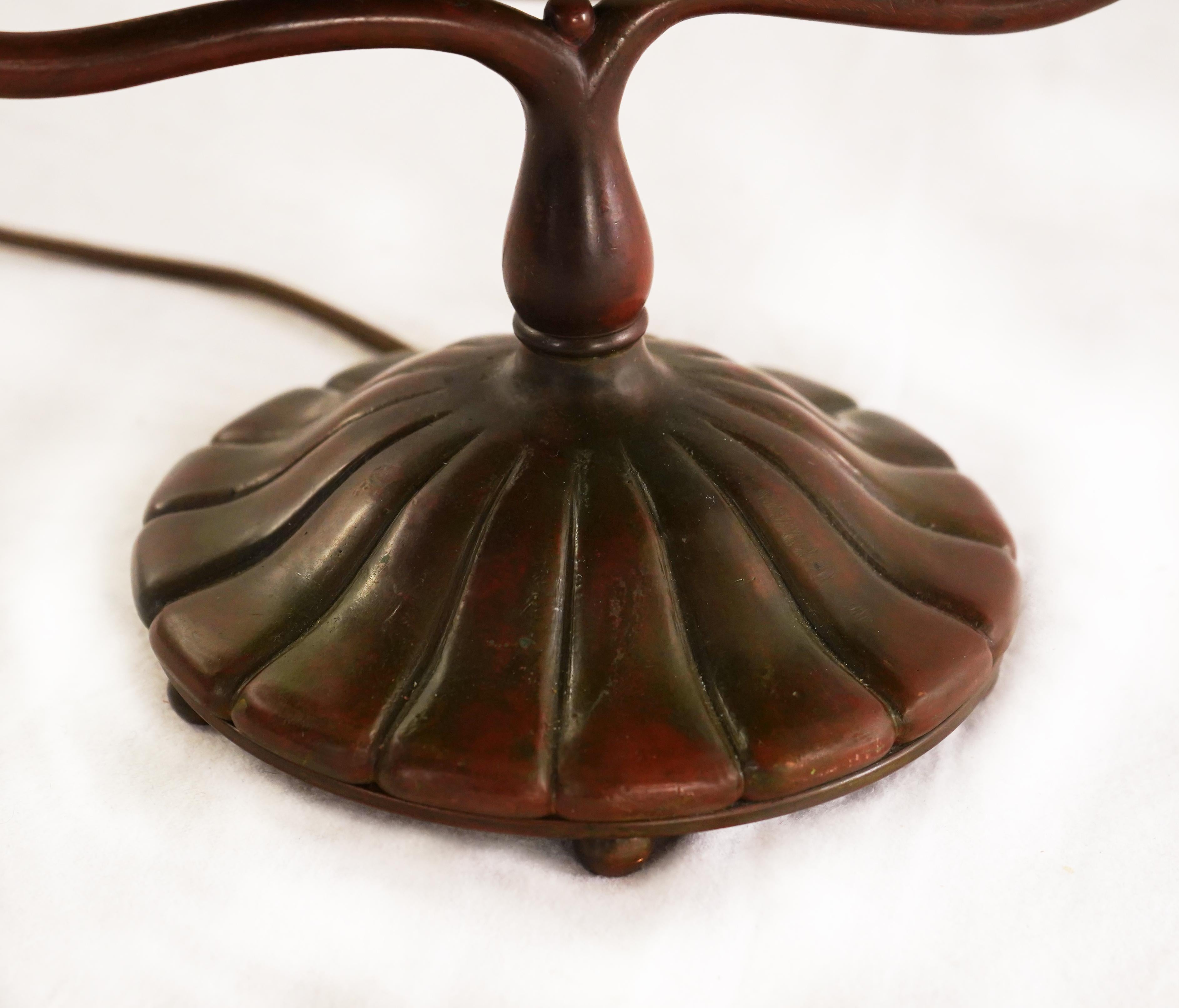 American Tiffany Studios Bronze Harp Lamp with Blown Out Shade
