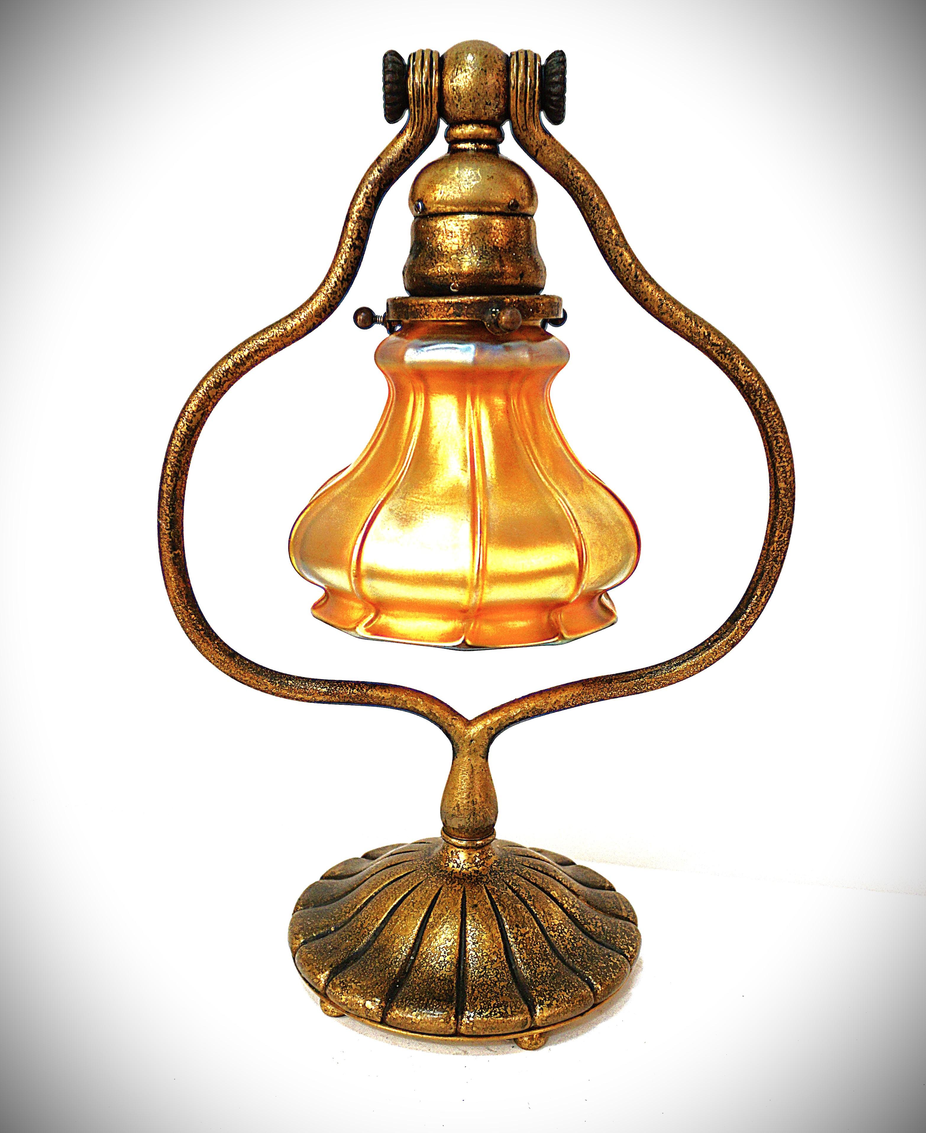 Tiffany Studios bronze harp desk or table lamp with gold aurene Quezal art glass shade. Beautiful original golden with little patina age and use. 
