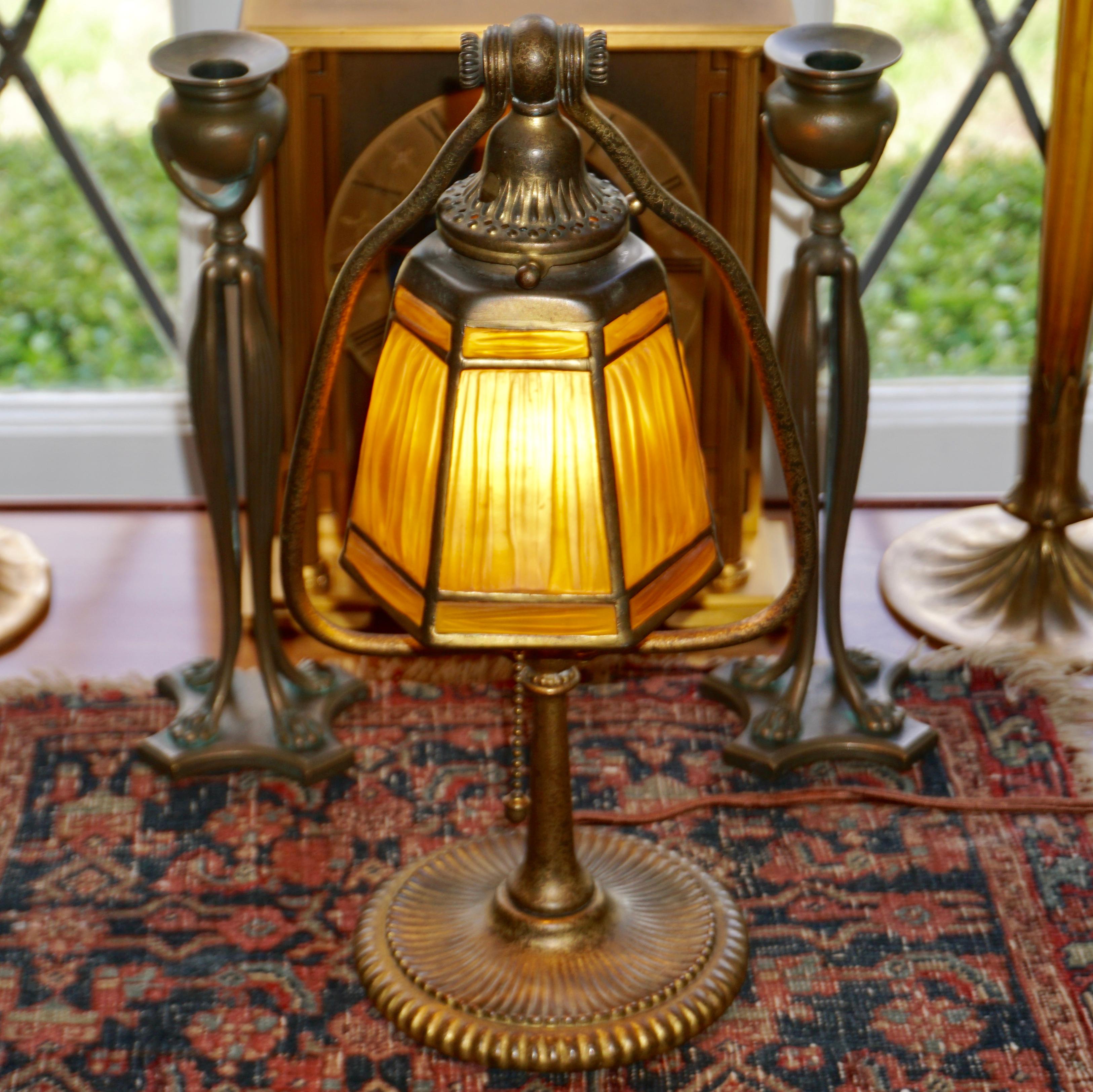 Tiffany Studios Linenfold Lamp, circa 1914
This is the perfect size and fully functional Tiffany Studios lamp perfect for your bedside table, desk or library table. The gold gilt patina on the orange peal textured bronze has a beautiful aged look.