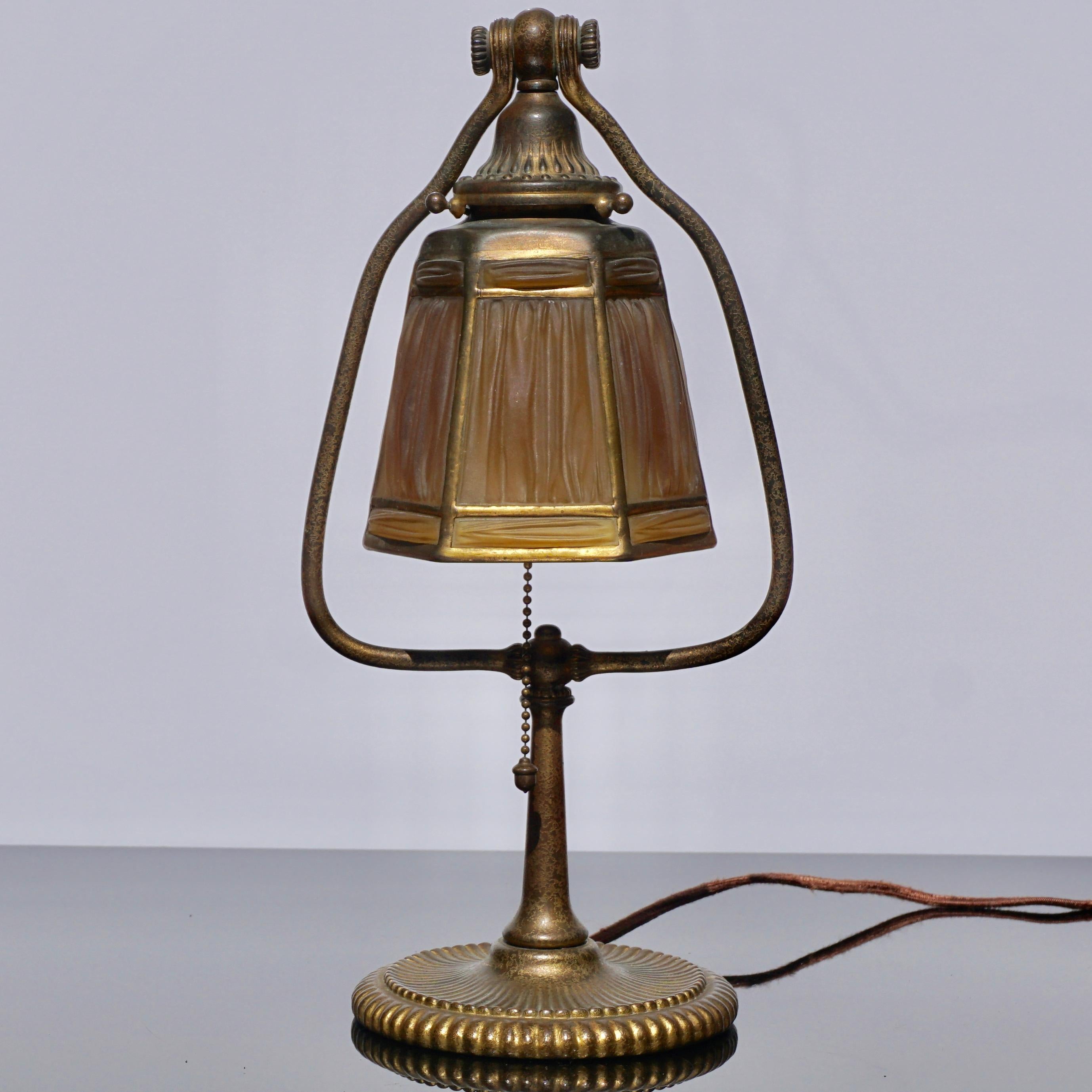 Cast Tiffany Studios Bronze Linenfold Harp Lamp