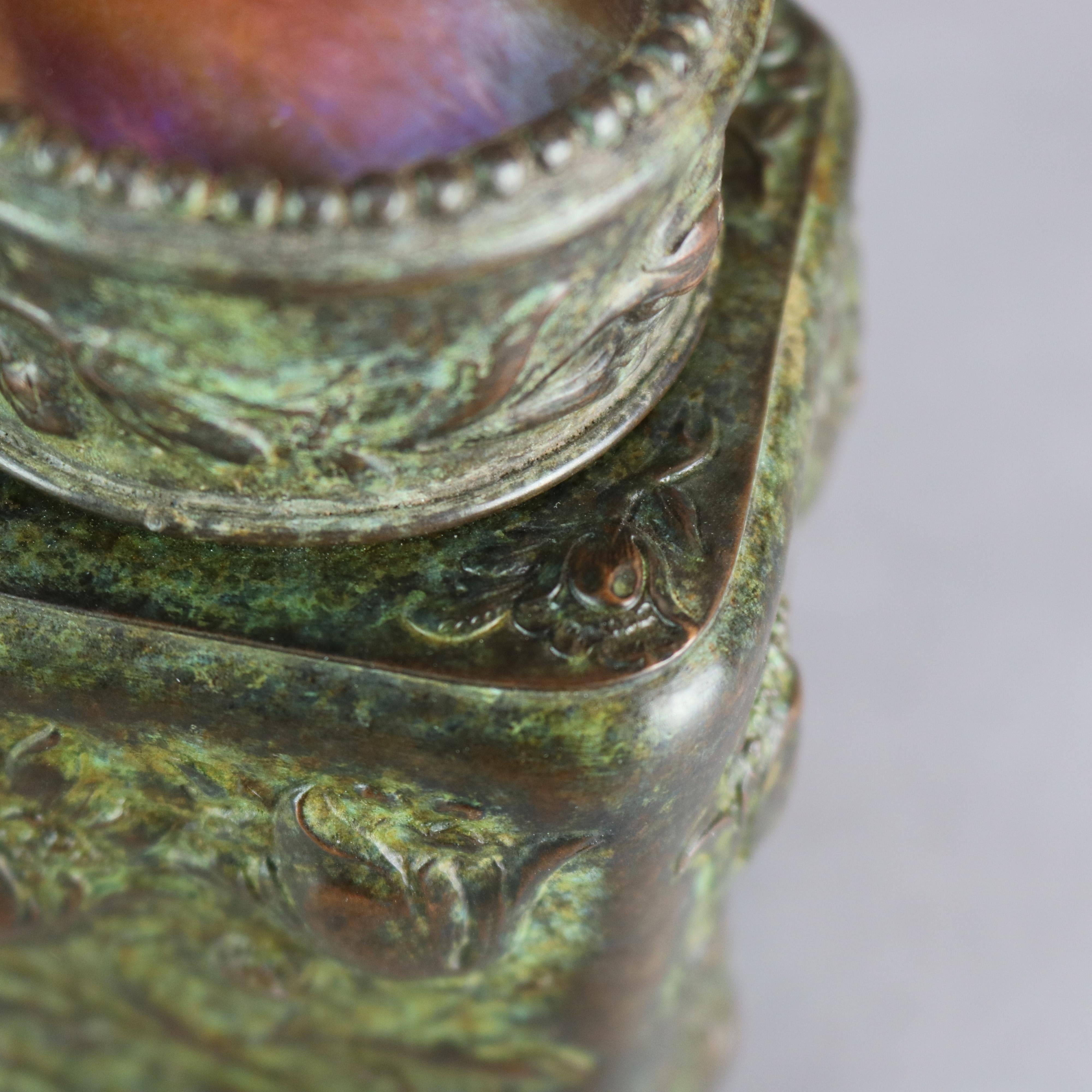 Art Nouveau Bronze Repousse & Art Glass Tobacco Jar After Tiffany, 20th C